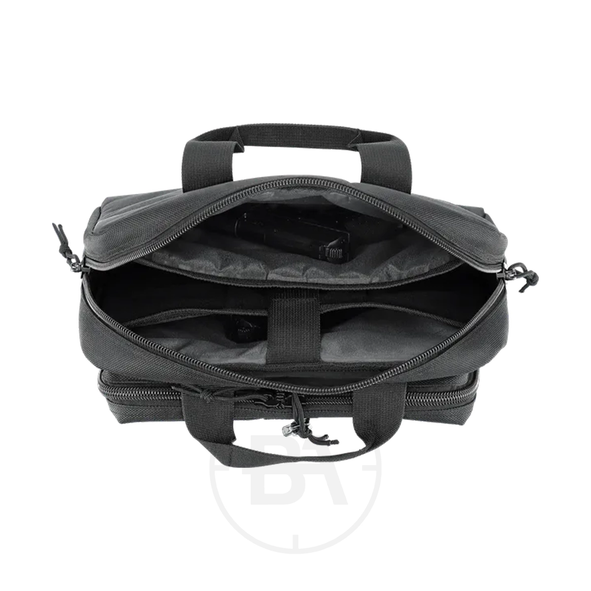 Umarex Double Pistol Case 3 The Umarex Double Pistol Case, shown in black with two handles, is open to reveal padded compartments. One compartment holds a black handgun secured by a strap, and extra pockets provide storage for accessories.