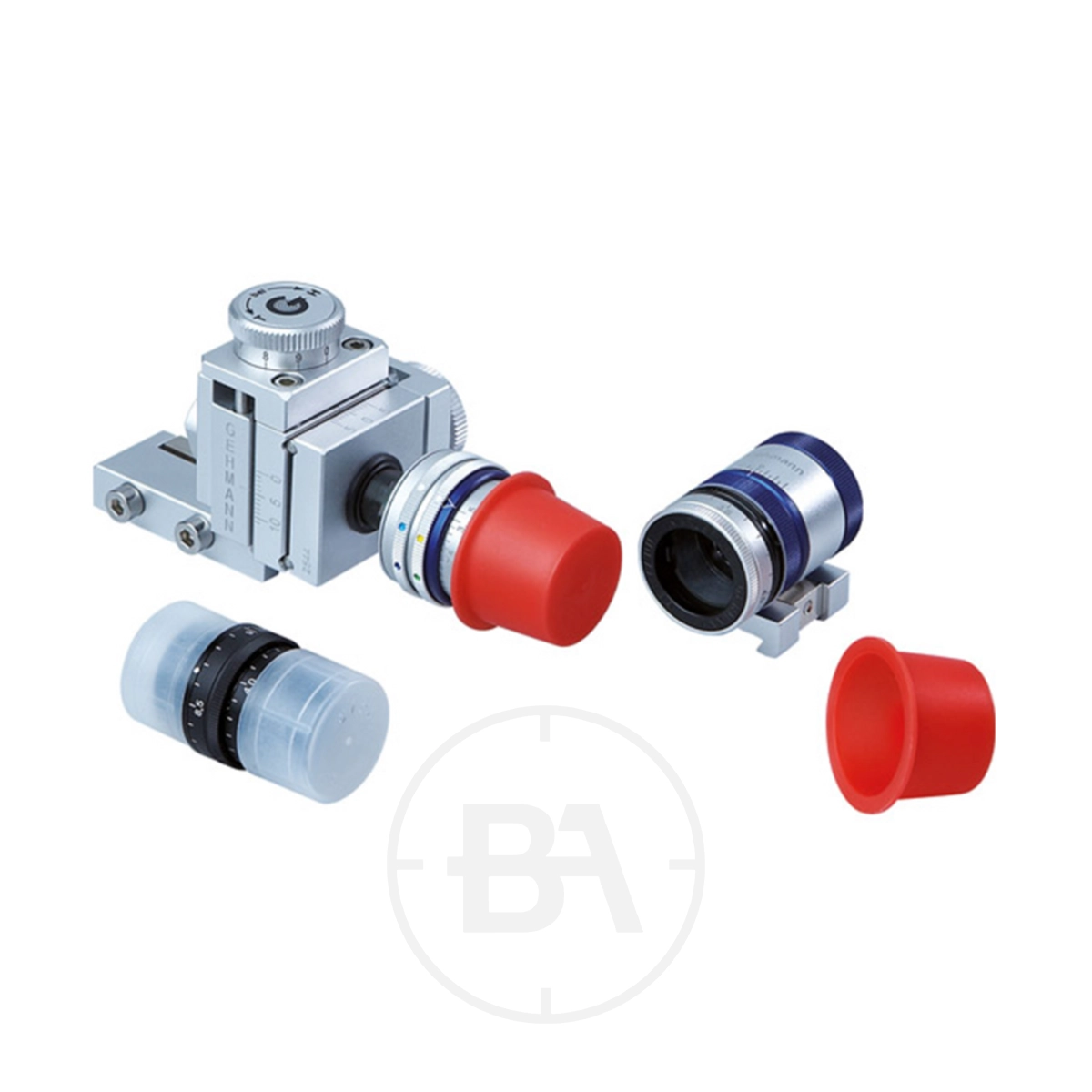 Gehmann Rearsight & Foresight Dust Caps 1 Gehmann Rearsight & Foresight Dust Caps: metallic optical device with adjustable parts, two detachable cylindrical lenses with red foresight dust caps, and an extra black-ringed lens—displayed on white background.