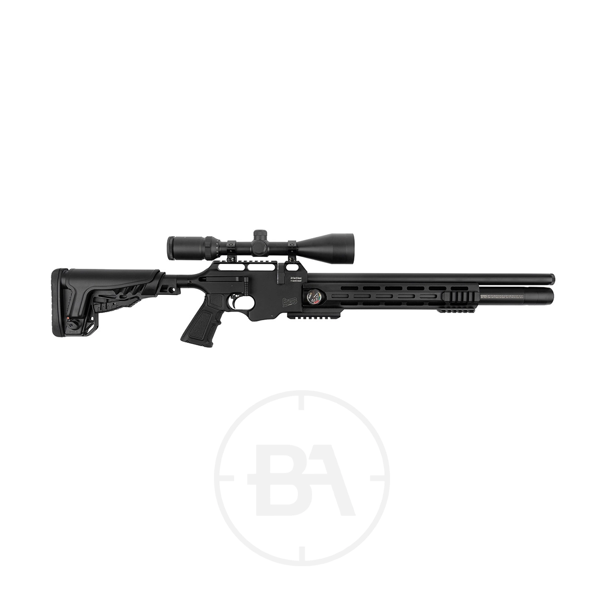Edgar Brothers Arms XV2 RS PCP Air Rifle With Scope 1 The Edgar Brothers Arms XV2 .177 air rifle, with a telescopic scope, boasts a tactical stock and barrel shroud, presented elegantly on a white backdrop.
