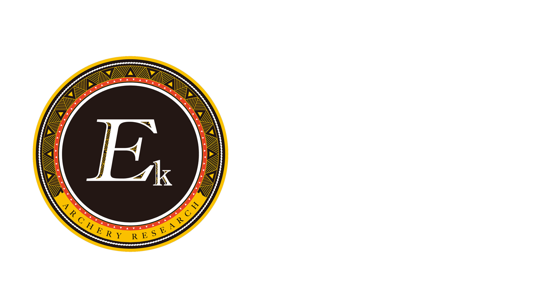 A circular logo with the letters "Ek" in the center, surrounded by the text "Archery Research" along the bottom edge on a yellow band.
