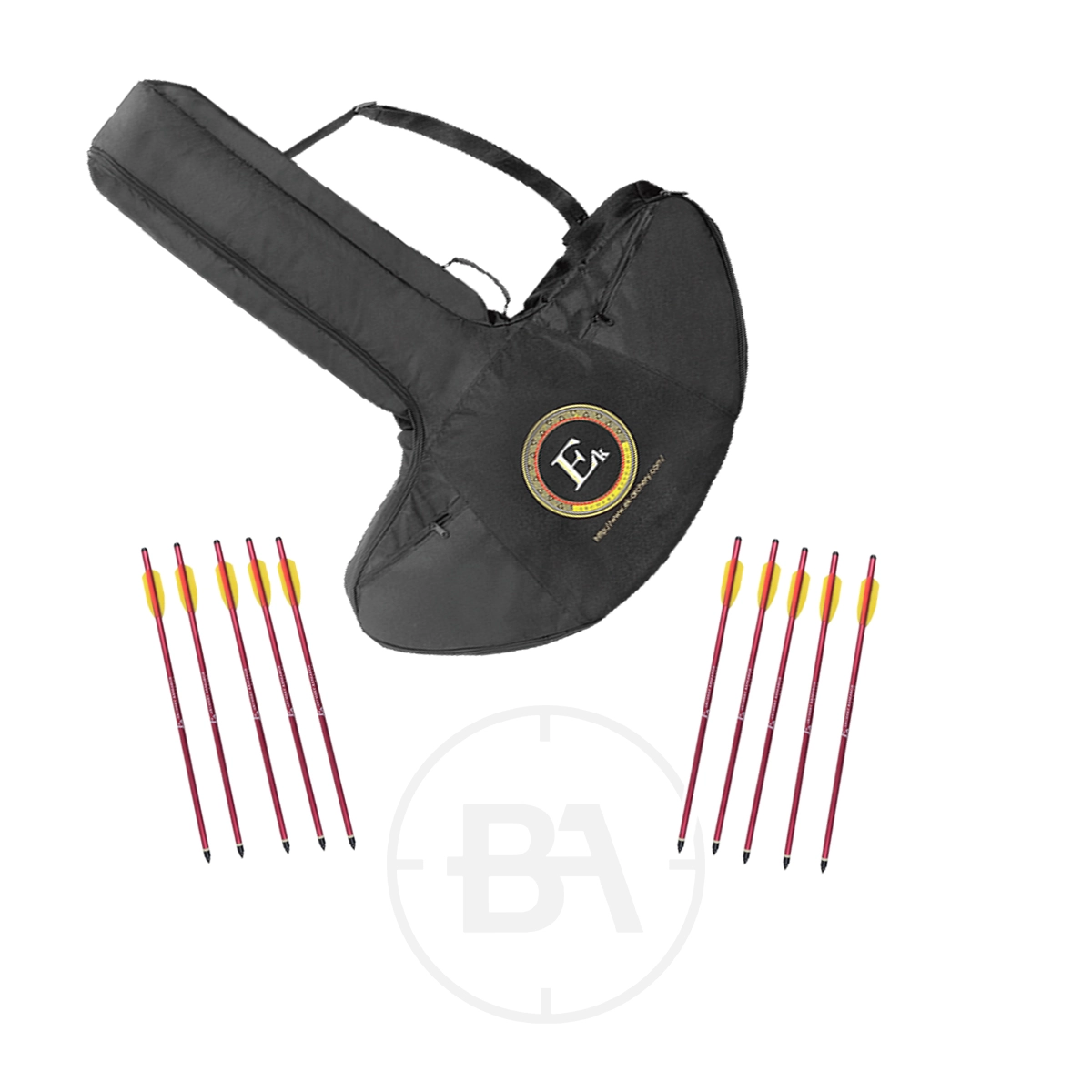 EK Archery Large Padded Crossbow Bag & 10x Aluminium Bolts Bundle 1 The EK Archery Padded Crossbow Bag & 10x Aluminium Bolts Bundle features a black case with handle and logo, plus ten aluminium bolts with red shafts and yellow fletching, all displayed on a white background.