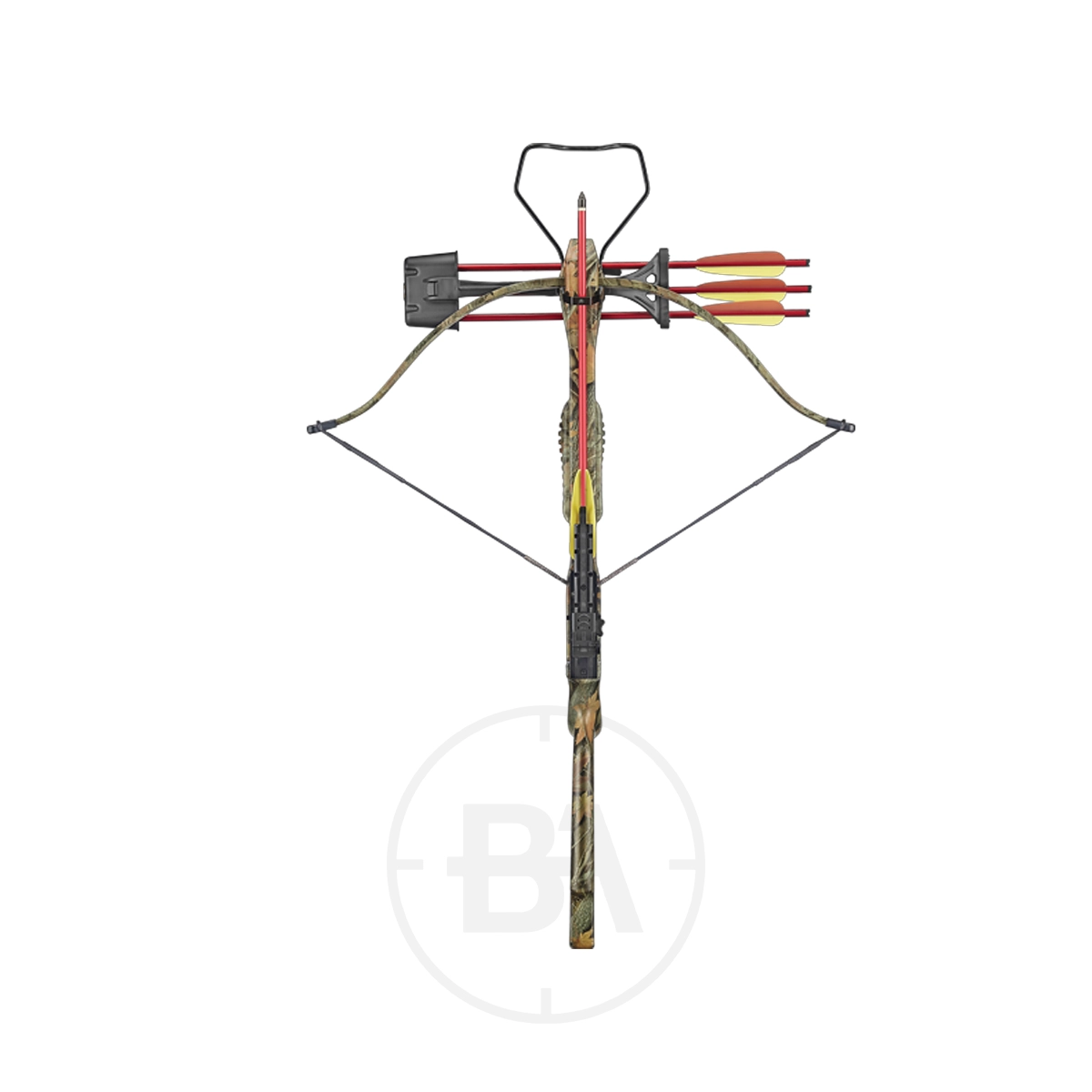 EK Archery Jaguar 1 Deluxe Recurve Crossbow Package Series With Red Dot Sight 5 An EK Archery Jag 1 Deluxe Recurve Crossbow Package with a red dot sight and three red-fletched arrows is shown from above on a white background; perfect for enthusiasts seeking versatility.