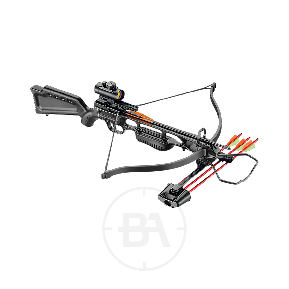 EK Archery Jaguar 1 Deluxe Recurve Crossbow Package Series With Red Dot Sight 1 The EK Archery Jag 1 Deluxe Recurve Crossbow Package With Red Dot features an attached quiver holding several red and yellow arrows, displayed on a white background.