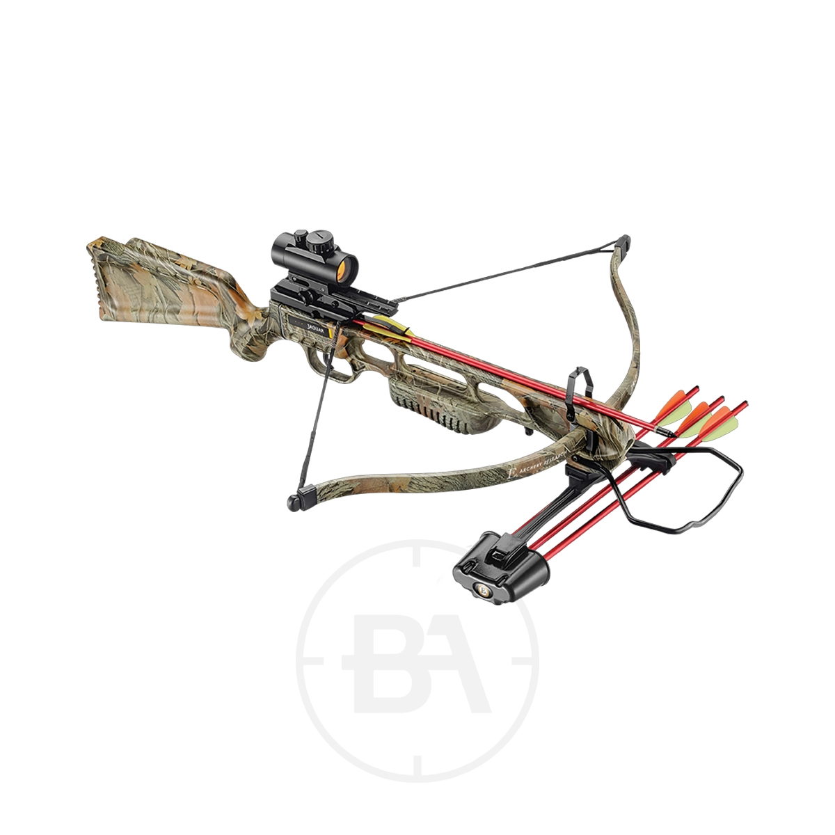 EK Archery Jaguar 1 Deluxe Recurve Crossbow Package Series With Red Dot Sight 9 The EK Archery Jag 1 Deluxe Recurve Crossbow Package With Red Dot features a camouflage finish, a Red Dot sight, and a quiver under the frame holding five arrows—three red and two green.