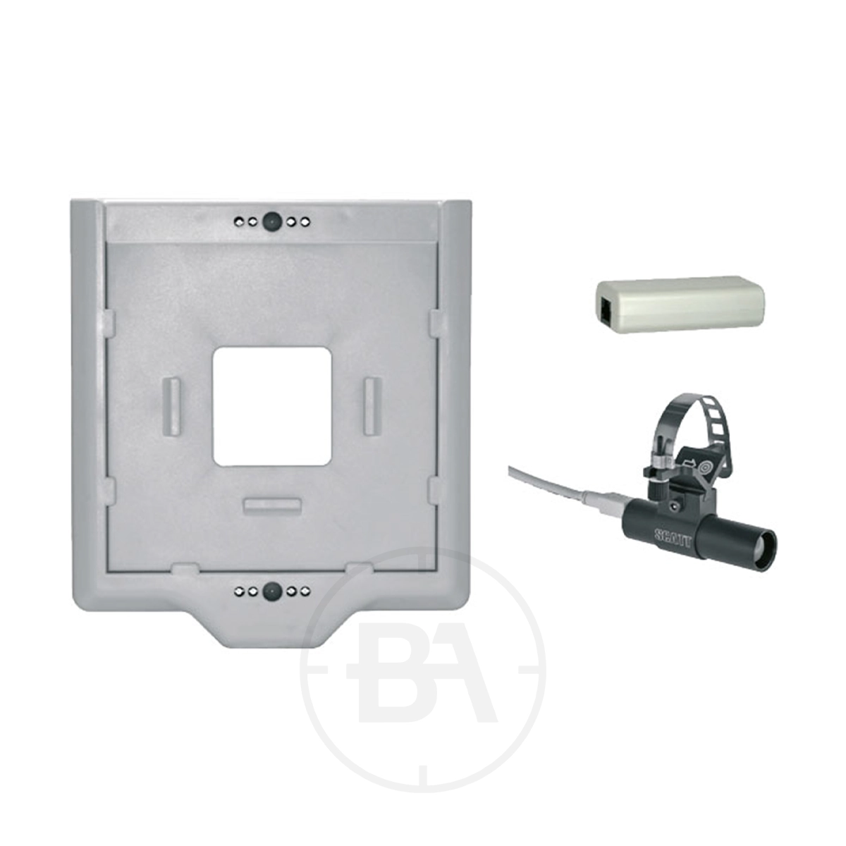 SCATT USB Professional 10m Electronic Trainer 1 The Gehmann 164 SCATT USB Professional 10m Electronic Trainer includes a gray plastic mounting bracket, a compact rectangular sensor, and a black cylindrical USB device with cable and strap—perfect for precise 10m training setups.