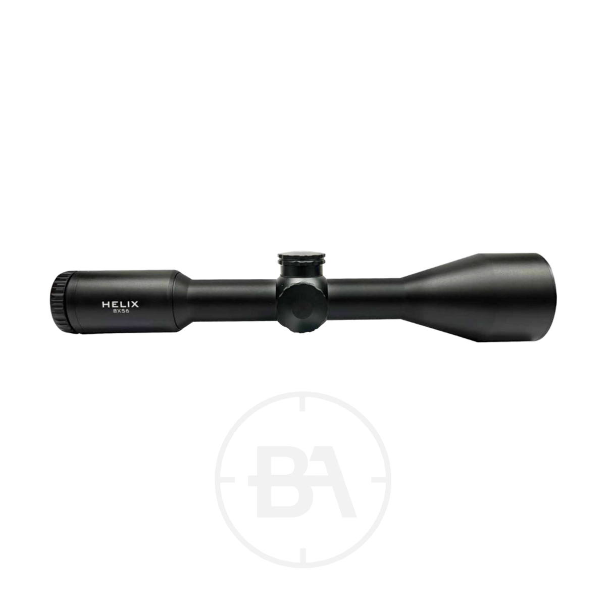 Element Optics Helix 8x56 SFP 1 The Element Optics Helix 8x56 SFP With Mounts is a black rifle scope featuring a central adjustment knob, shown from the side on a plain white background and paired with sturdy mounts.