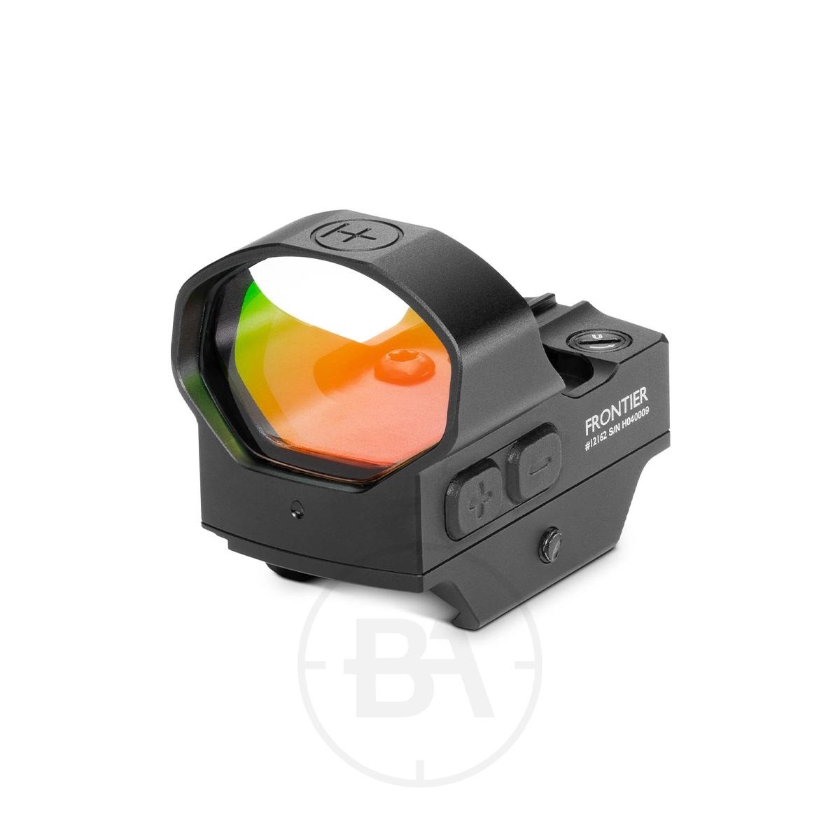 Hawke Frontier Red Dot Docter Reflex Sight With Picatinny / Weaver Mounts 1 The Hawke Frontier Red Dot Docter Reflex Sight features a black finish, curved multicoloured lens, side control buttons, and a compact rectangular base for easy Picatinny/Weaver mount attachment on firearms.