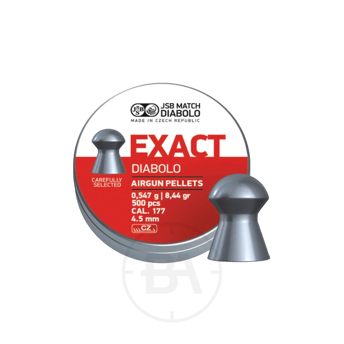 JSB Exact Diabolo .177 Pellets 8.44gr 4.52mm (x500) 1 A tin labeled "JSB Exact Diabolo .177, 8.44gr 4.52 (500)" is shown with a close-up of a single .177 pellet and details: 0.547g, 500 pcs, caliber 4.5mm (.177).