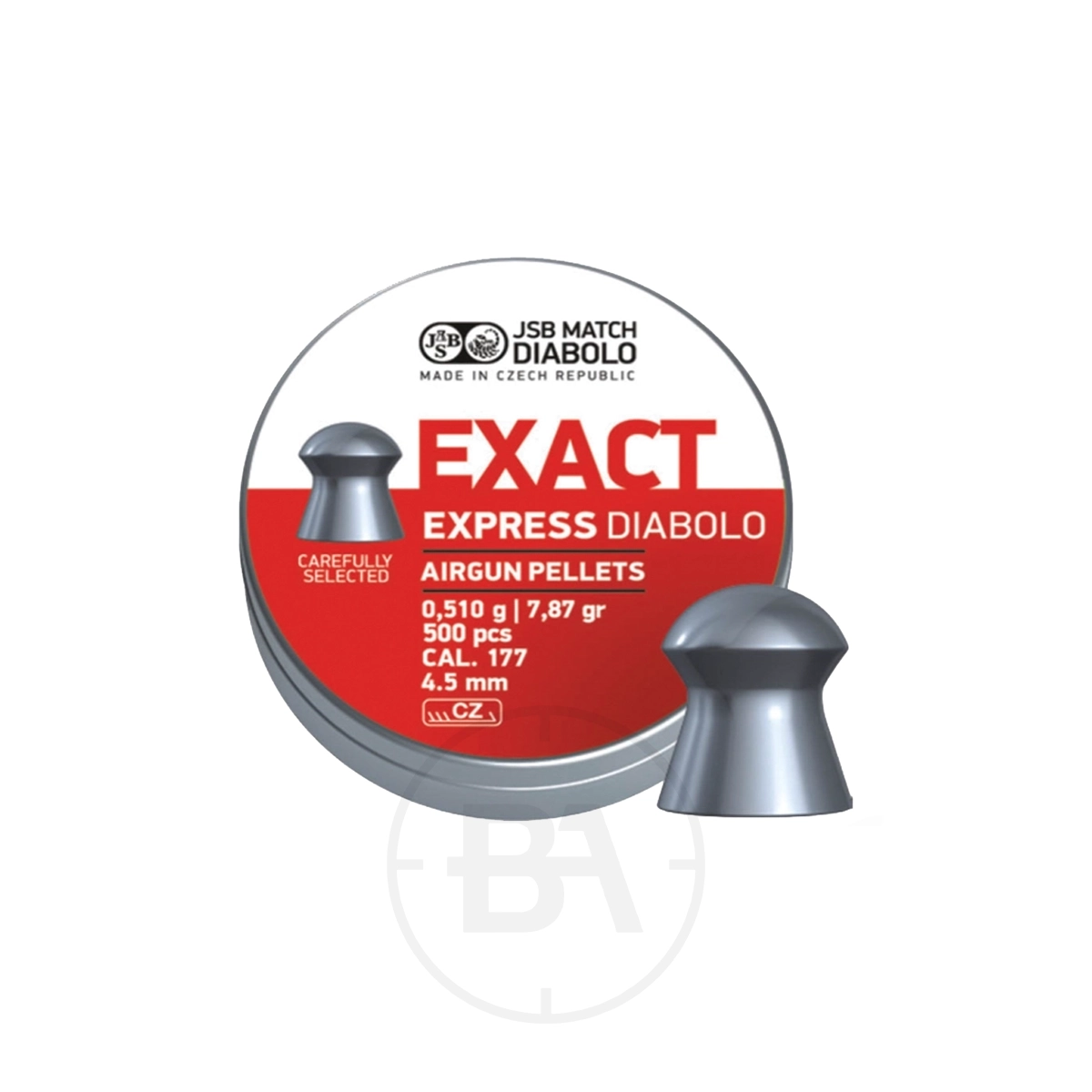JSB Diabolo Exact Express .177 Pellet 7.8gr 4.52mm (x500) 1 A tin of JSB Jumbo Express Diabolo .177 pellets, 7.87gr, 0.510g, 500 count, with one pellet displayed in front.