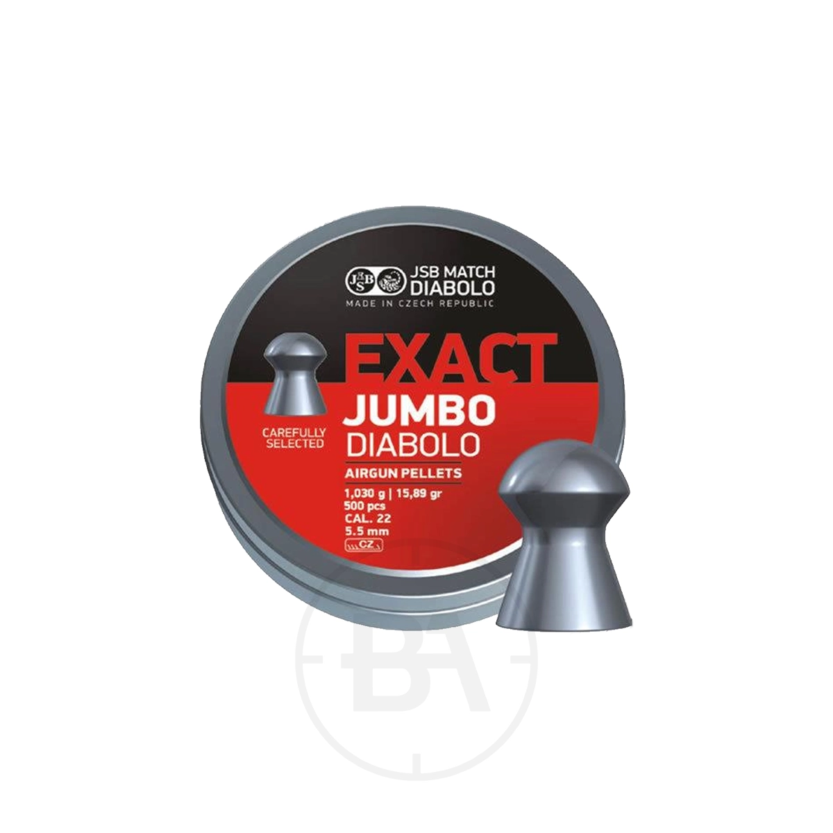 JSB Exact Jumbo Diabolo .22 Pellet 15.89gr 5.52mm (x500) 1 A tin of JSB Exact Jumbo Diabolo Pellet .22 15.89 gr (500) with a single high-quality pellet displayed in front of the container.