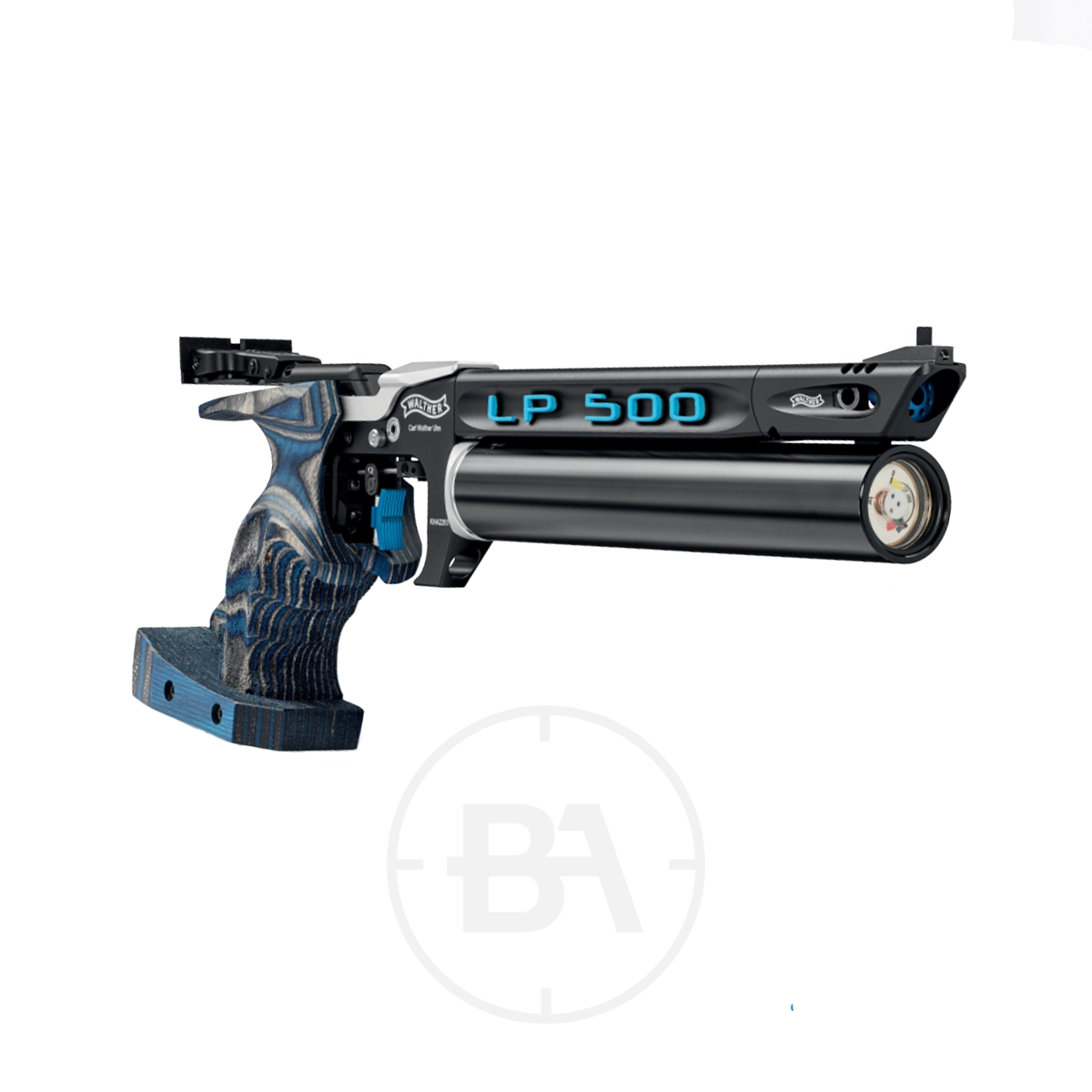 Walther LP500 Expert M Blue Angel Pistol 5 The Walther LP500 Expert M Blue Angel Pistol, featuring a black and blue finish, textured grip, and pressure gauge, is displayed against a plain white background.
