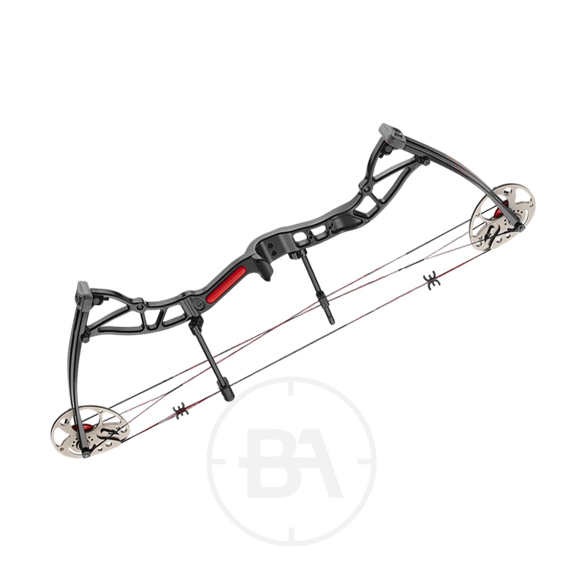 EK Archery Exterminator Compound Bow 1 The EK Archery Exterminator Compound Bow is a sleek black compound bow with red accents, equipped with cams, cables, and a central riser, displayed against a white background.