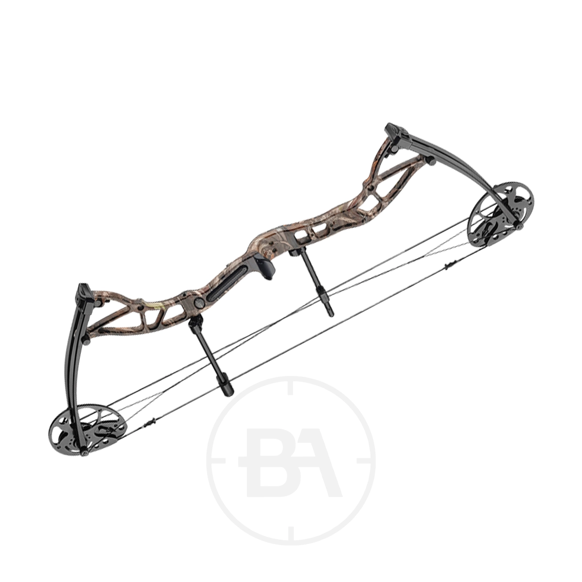 EK Archery Exterminator Compound Bow 3 The EK Archery Exterminator Compound Bow, shown on a white background, features dual cams, cables, a stabilizer bar, and a camouflage pattern.
