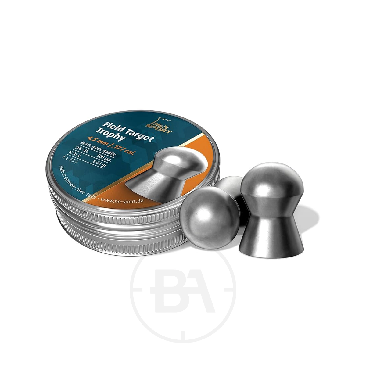 H&N Field Target Trophy .177 8.64gr (x500) 1 A tin labeled "H&N Field Target Trophy .177 (8.64gr)" holds several silver pellets, with three displayed outside the container.