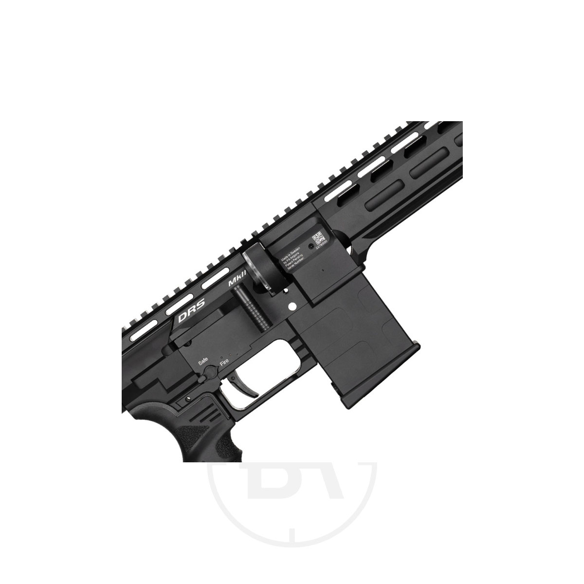 FX Airguns DRS MKII Tactical PCP Air Rifle 2 Close-up of the FX Airguns DRS MKII Tactical PCP Air Rifle in black, highlighting its lower and upper receivers, magazine, trigger, and part of the handguard with rail system. The rifle is centred against a white background.