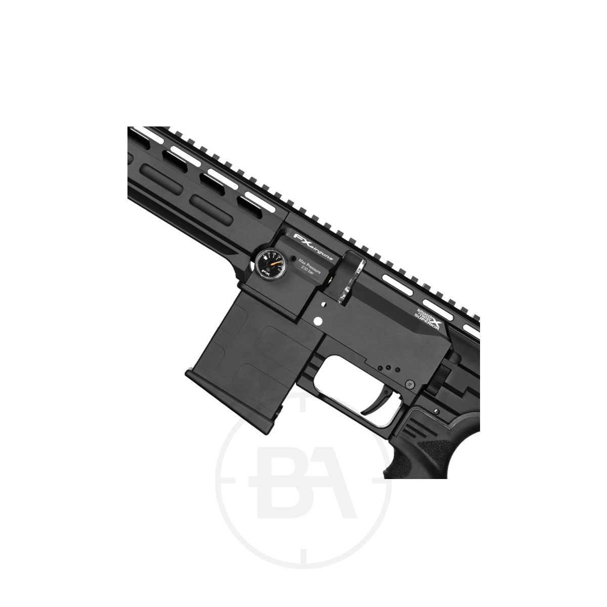 FX Airguns DRS MKII Tactical PCP Air Rifle 3 Close-up of the lower receiver and trigger area of a black FX Airguns DRS MKII Tactical PCP Air Rifle, showing an inserted magazine and the visible upper rail system.