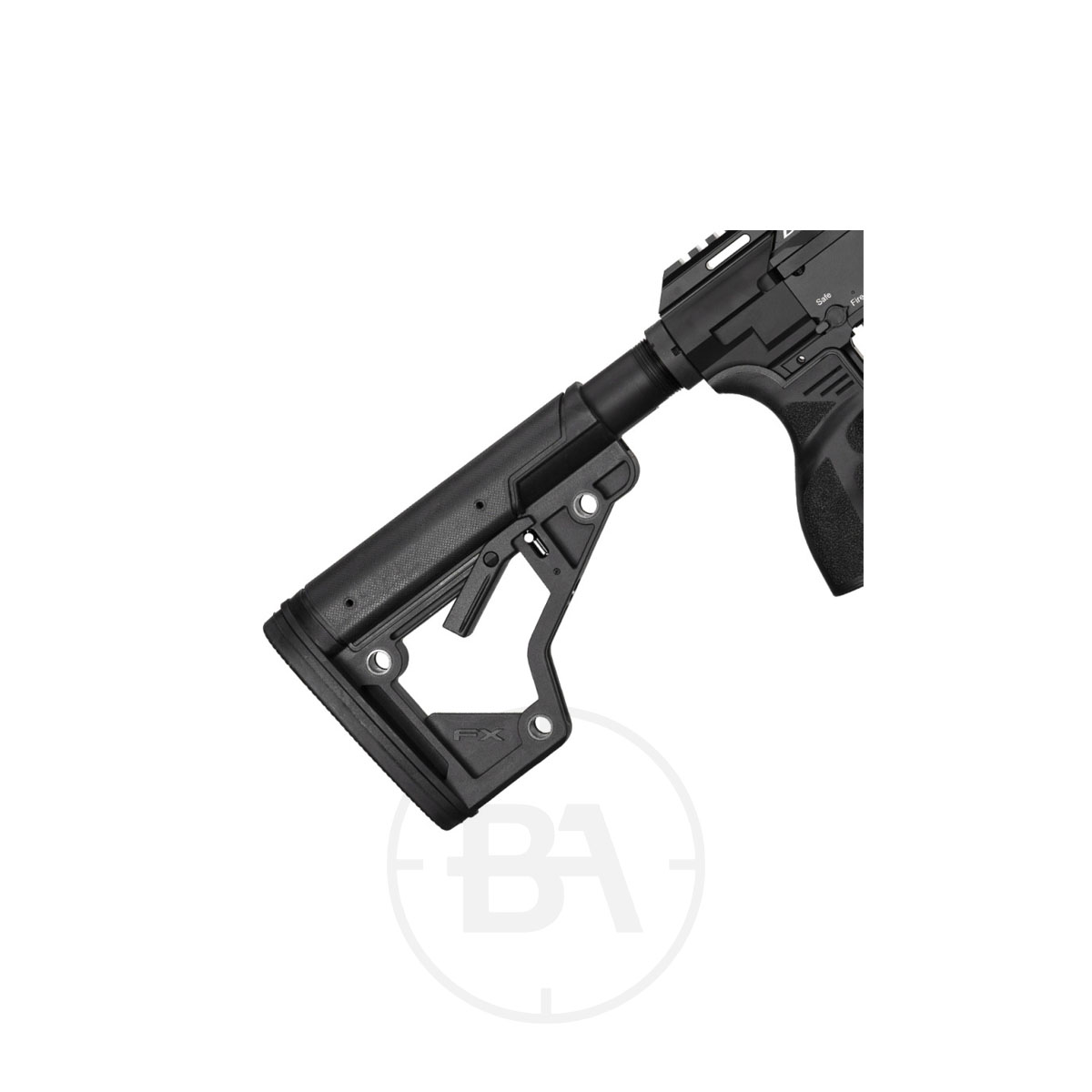 FX Airguns DRS MKII Tactical PCP Air Rifle 4 Close-up of a black adjustable rifle stock attached to the FX Airguns DRS MKII Tactical PCP Air Rifle, showing part of the grip and receiver against a white background.