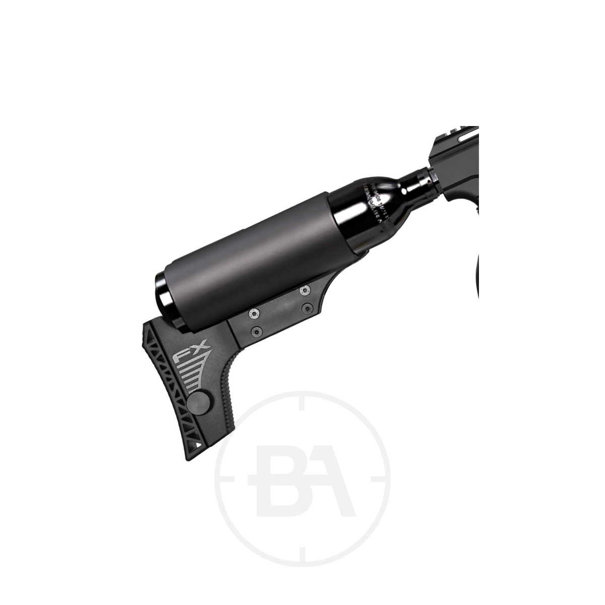 FX Airguns DRS MKII Tactical PCP Air Rifle 6 Close-up of the black adjustable stock with attached air cylinder on the FX Airguns DRS MKII Tactical PCP Air Rifle, shown against a white background and focusing on the rear part of the rifle.