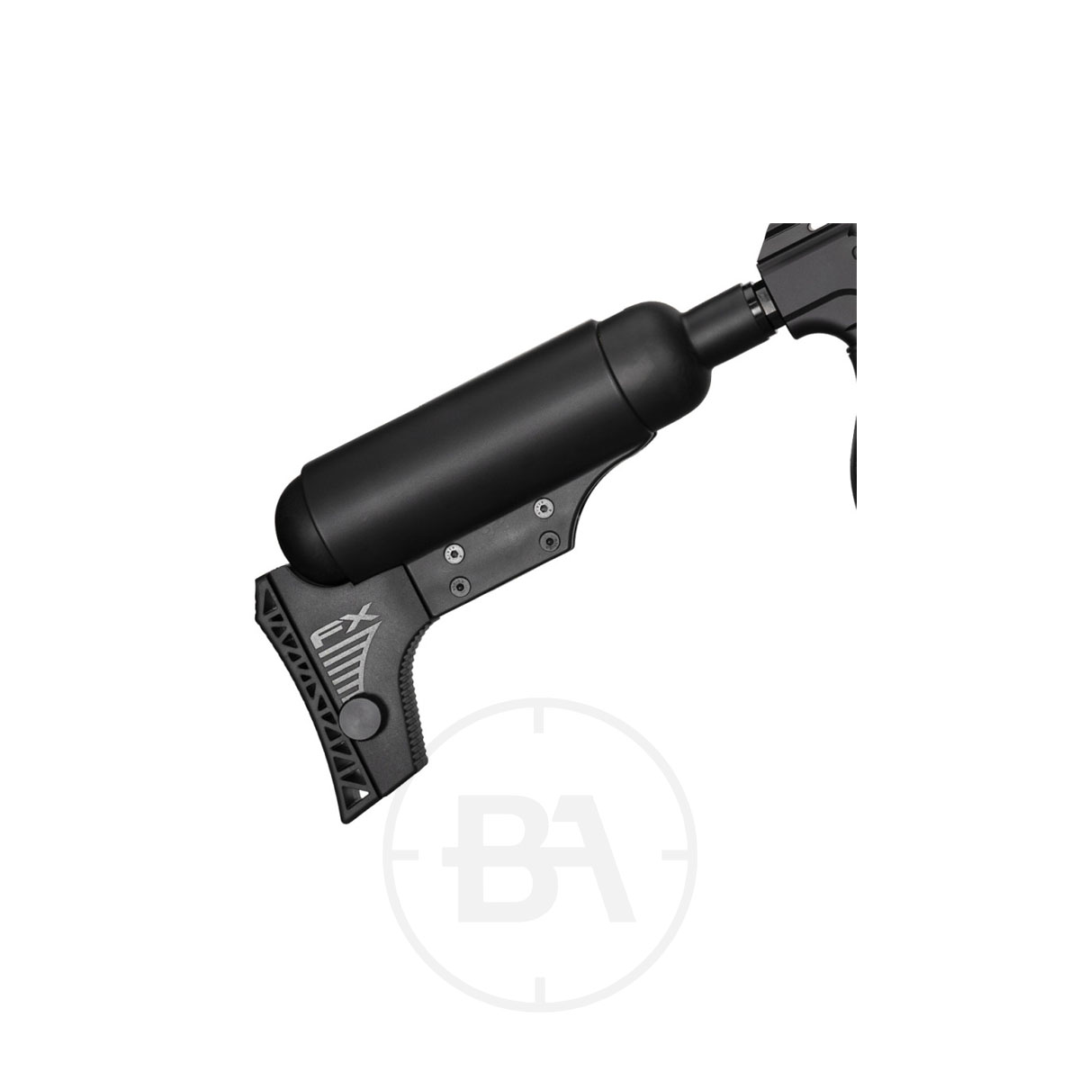 FX Airguns DRS MKII Tactical PCP Air Rifle 5 Close-up of a black adjustable rifle stock for the FX Airguns DRS MKII Tactical PCP Air Rifle, featuring a cushioned cheek rest, vented butt pad, and an attachment point against a plain white background.