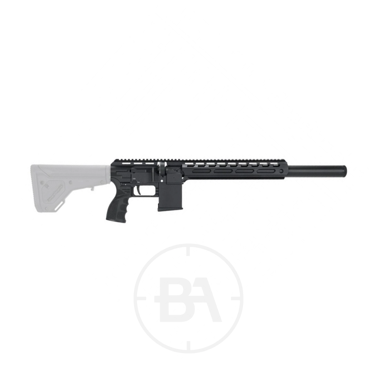 FX Airguns DRS Tactical PCP Air Rifle 1 The FX Airguns DRS Tactical PCP Air Rifle is a black semi-automatic air rifle with a grey adjustable stock, black pistol grip, and long barrel, shown on a white background.