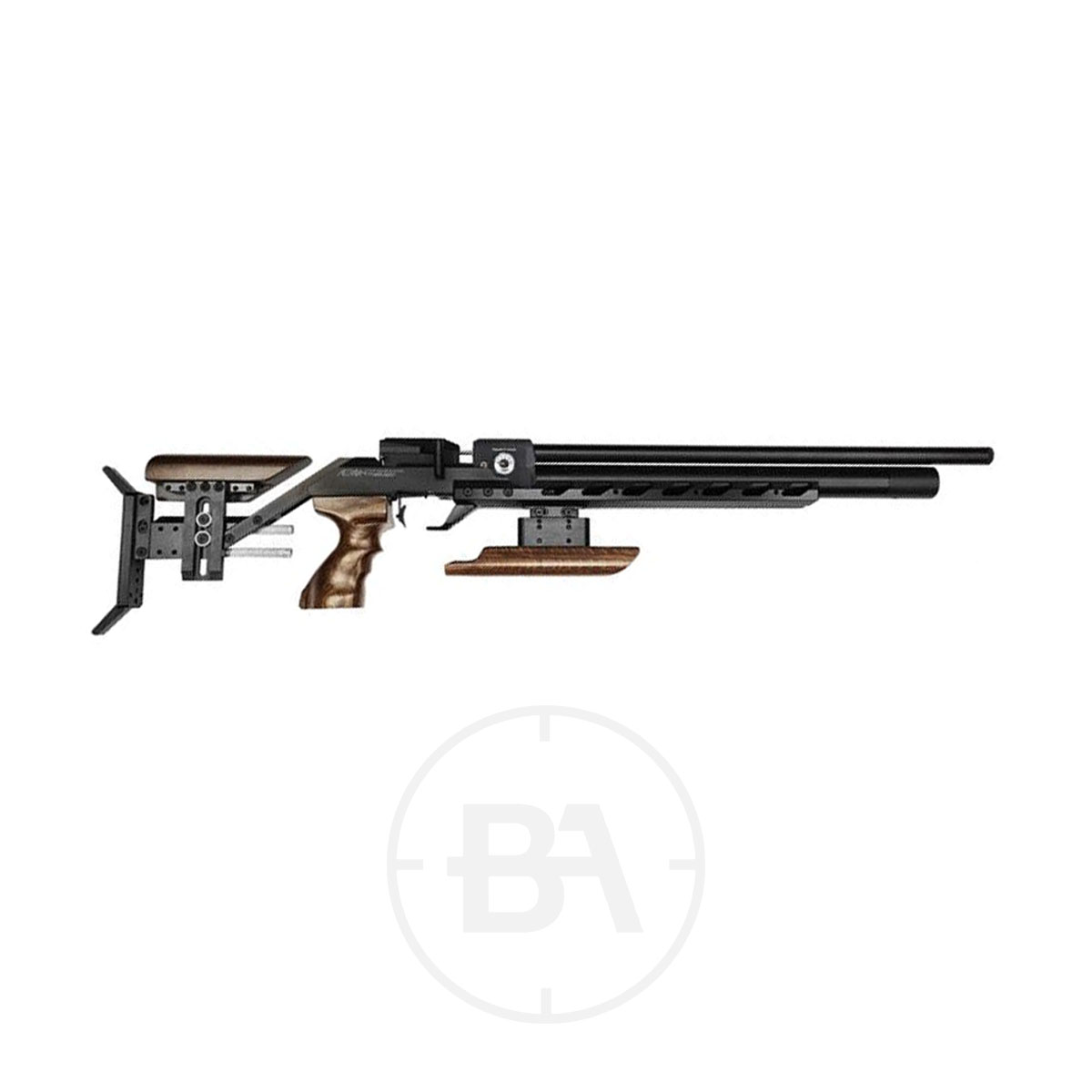 FX Airguns Dreamline Field Target PCP Air Rifle 1 The FX Airguns Dreamline Field Target PCP Air Rifle, featuring a long barrel, adjustable metal stock, wooden pistol grip, and fore-end, is displayed against a white background.