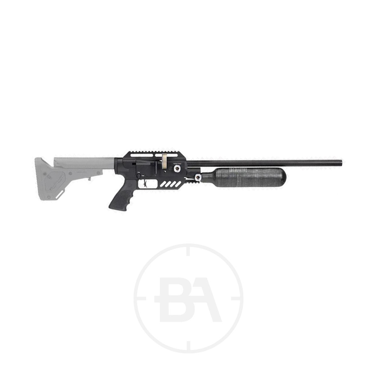 FX Airgun Dreamline Tactical PCP Air Rifle 1 The FX Airgun Dreamline Tactical PCP Air Rifle features a black finish, long barrel, tactical grip, and visible air cylinder. The faded buttstock and a faint circular "BA" logo appear in the background.