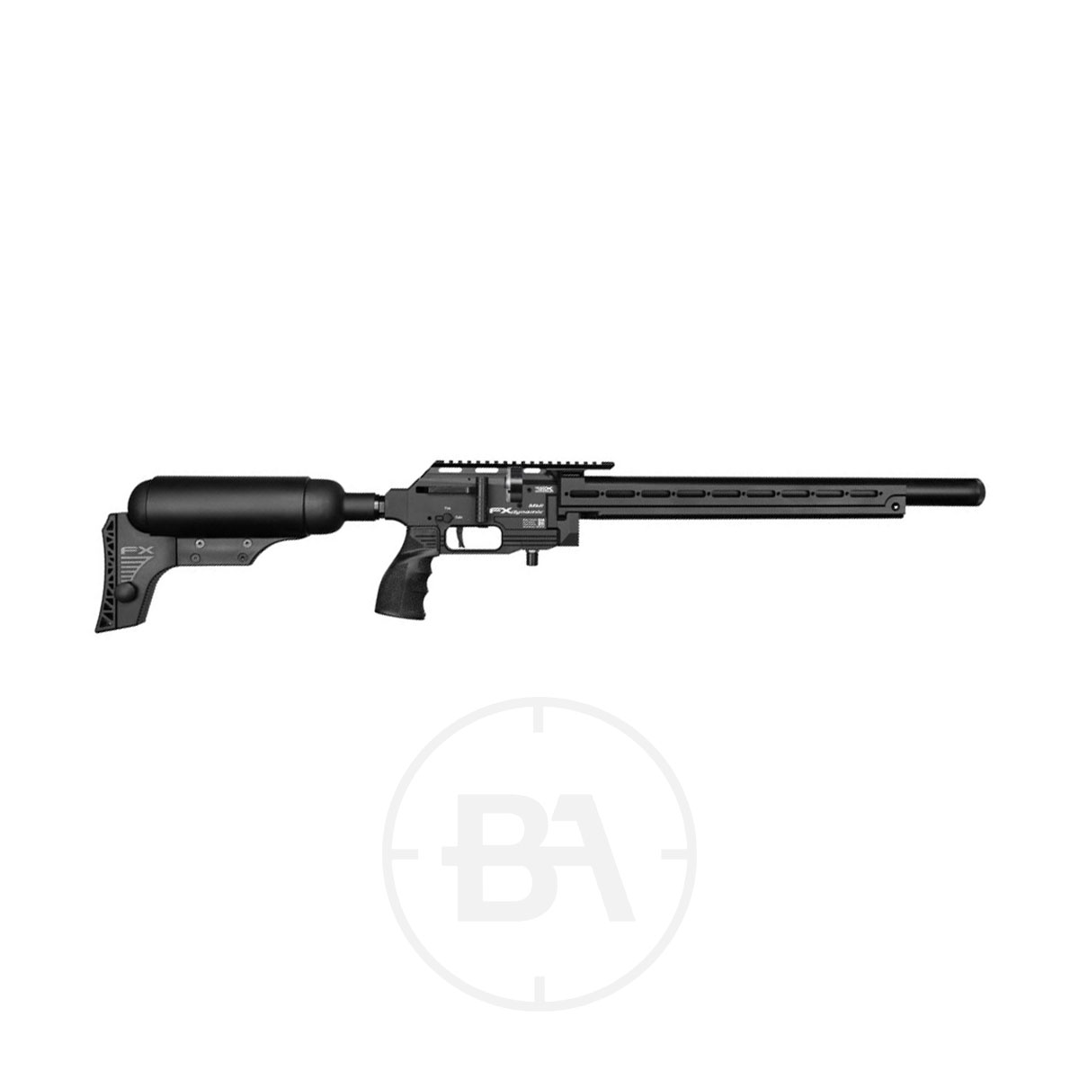 FX Airguns Dynamic MKII PCP Air Rifle 1 The FX Airguns Dynamic MKII PCP Air Rifle, in black, features a long barrel, adjustable stock, and scope rail. It is shown on a white background with a subtle circular "BA" logo underneath.