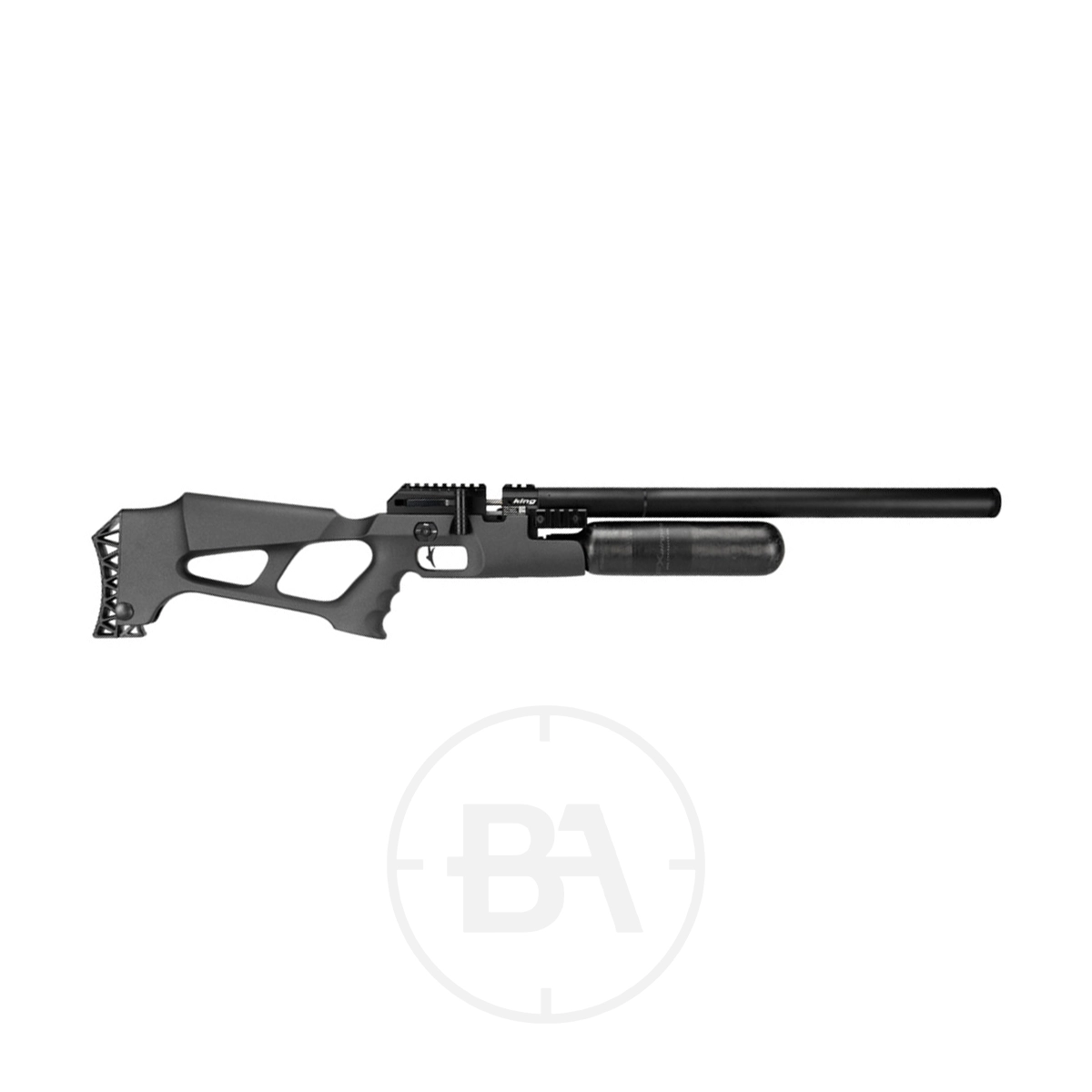 FX Airguns King Synthetic Regulated PCP Air Rifle 1 The FX Airguns King Synthetic Regulated PCP Air Rifle features a tactical skeletonised stock and a large air cylinder under the barrel, shown on a white background.