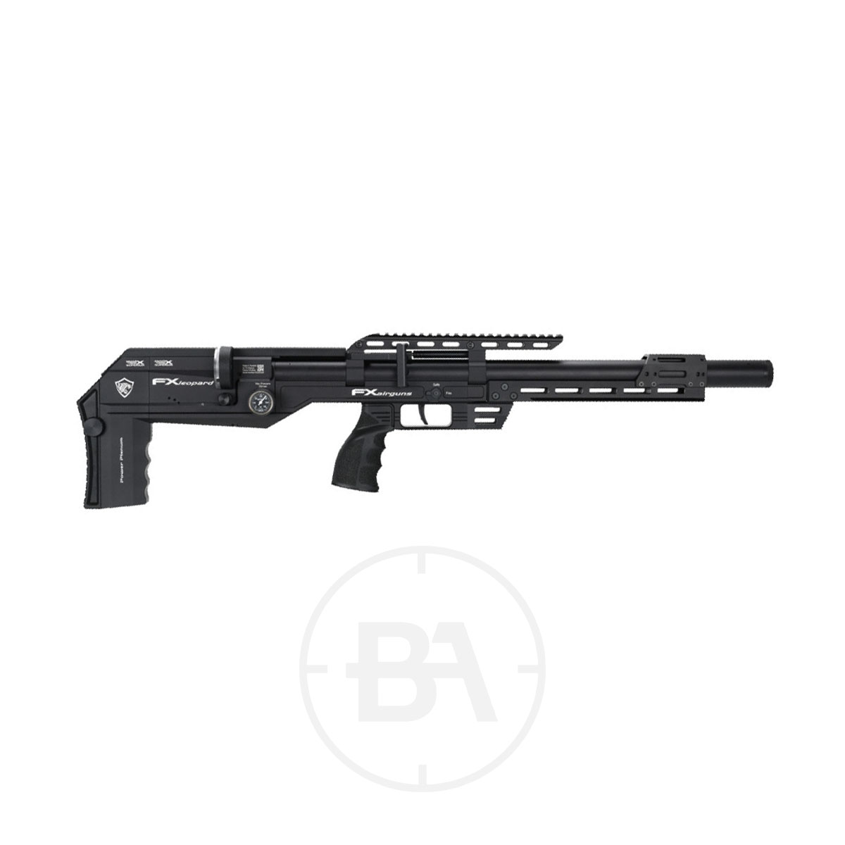 Fx Airguns Leopard PCP Air Rifle 1 Side view of a black FX Airguns PCP Air Rifle in .177 calibre, featuring a tactical design, adjustable stock, pistol grip, top rail system, and compact barrel, displayed on a white background with a faint "BA" watermark.