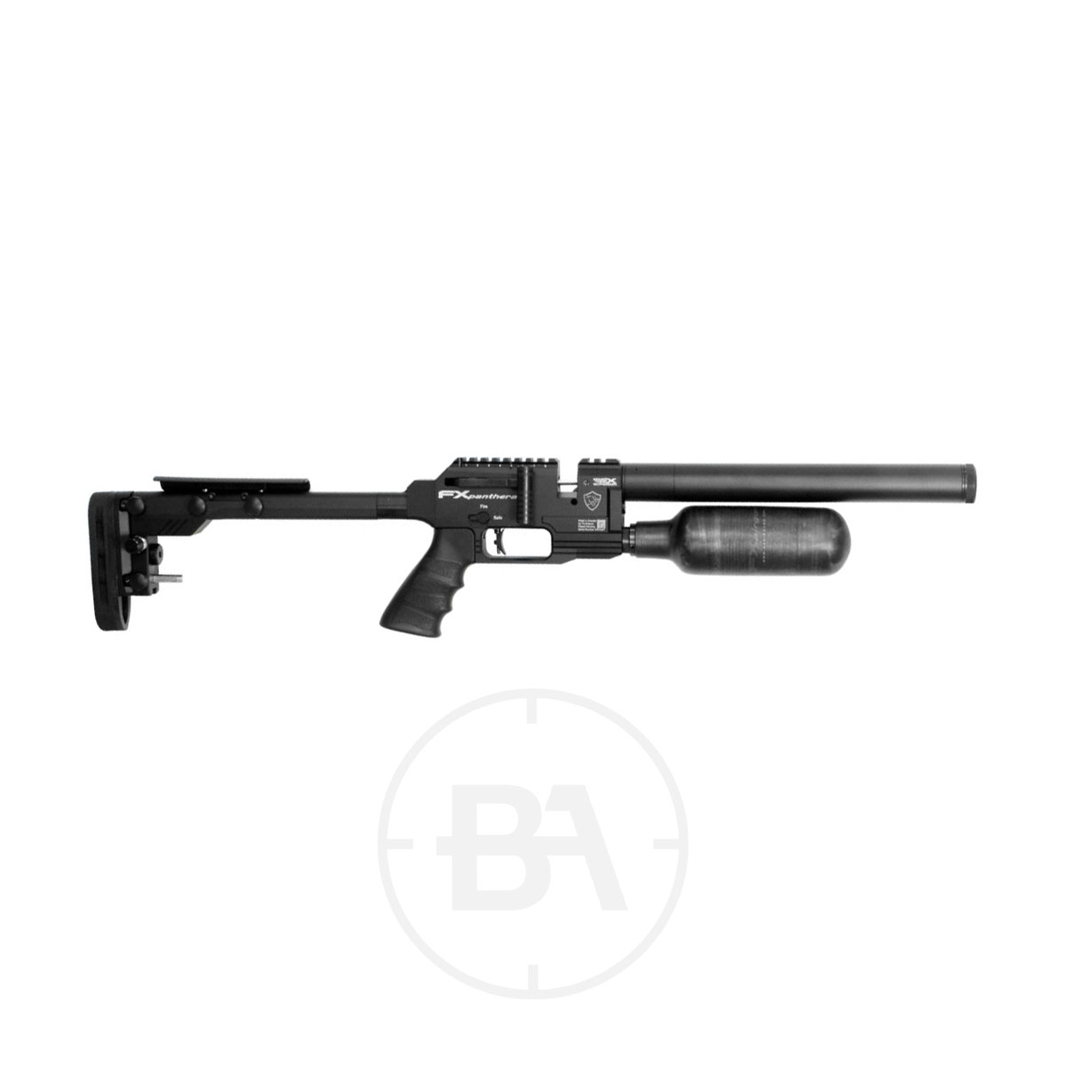 FX Airguns Panthera MKII Black Hunter PCP Air Rifle 1 The FX Airguns Panthera MKII Black Hunter PCP air rifle, shown on a white background, features a tactical design with a long barrel, adjustable stock, pistol grip, and attached air cylinder.