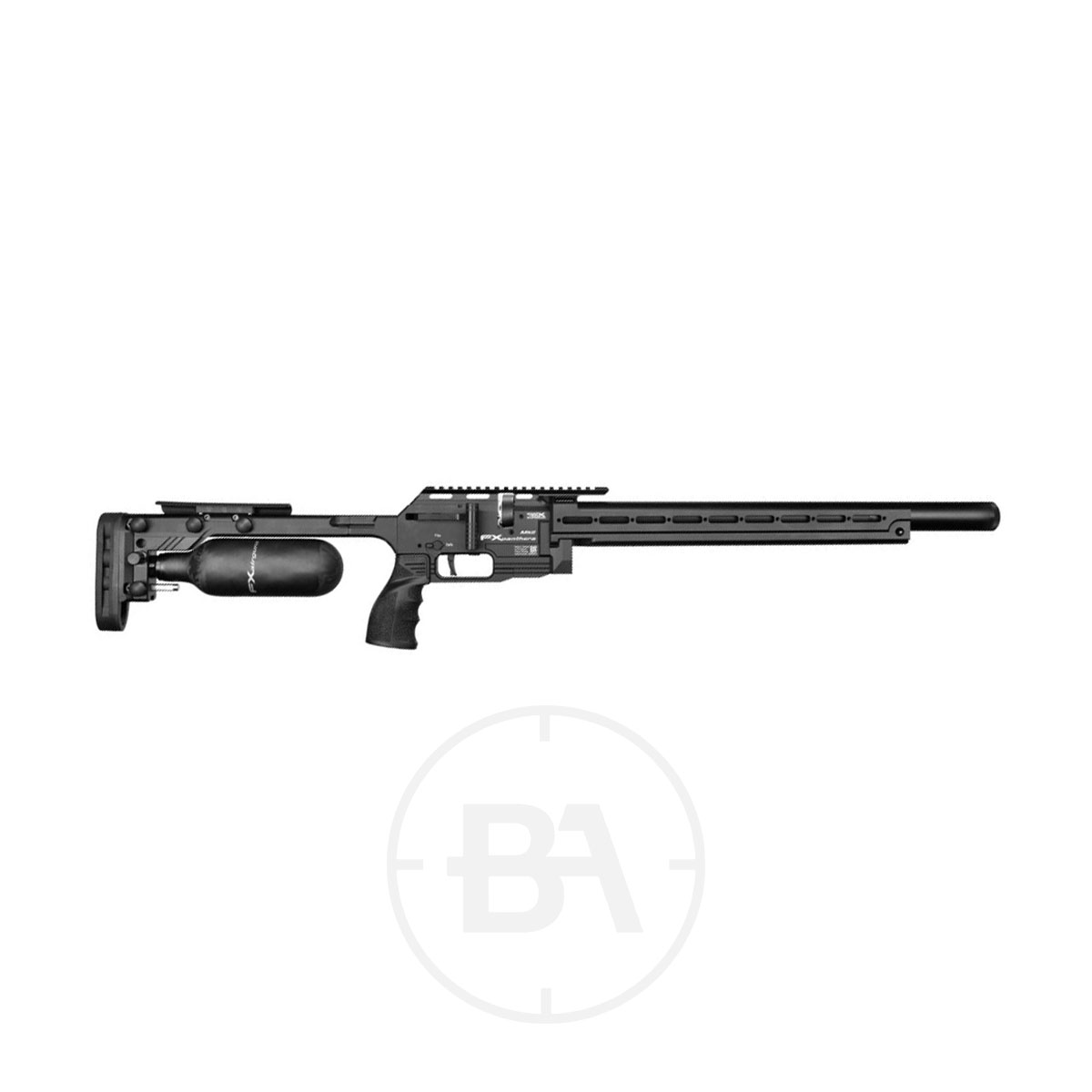 FX Airguns Panthera MKII 500mm PCP Air Rifle 1 The FX Airguns Panthera MKII 500mm PCP Air Rifle, featuring a black finish, long barrel, adjustable stock, pistol grip, and rear cylindrical air tank, is displayed horizontally on a plain white background.
