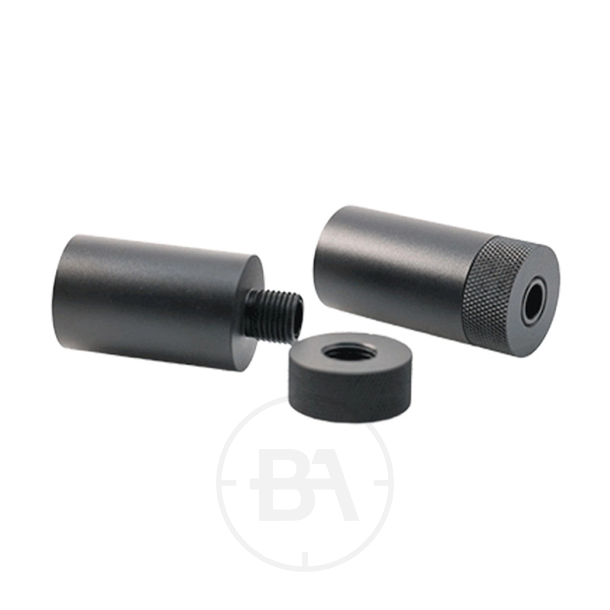 DonnyFL FX Wildcat 1/2”x20 UNF Shroud Extender 1 The DonnyFL FX Wildcat 1/2”x20 UNF Shroud Extender set includes three black metal parts—a shroud extender, a knurled grip, and a flat round piece with a central hole—shown on a white background.
