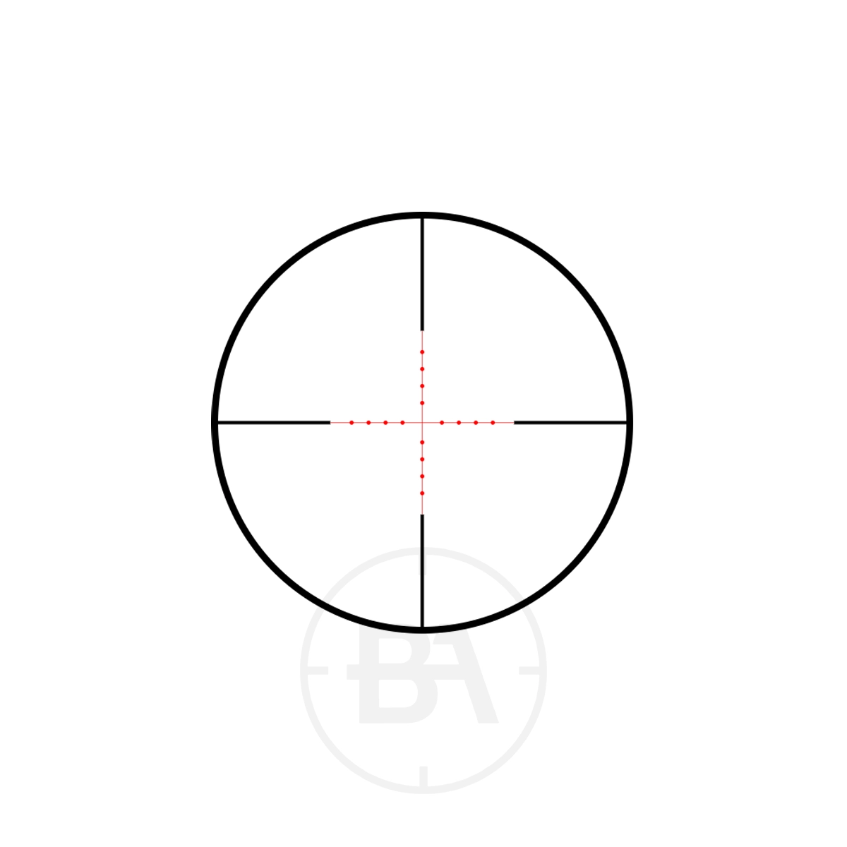 Hawke Fast Mount 3-9 x50 AO Mil Dot With Mounts 3 A black crosshair with a circle overlay and red dotted lines at the center, on white with a faint "BA" watermark below, evokes the precision of the Hawke Fast Mount 4-16x50 AO IR Mil Dot With Weaver Mounts.