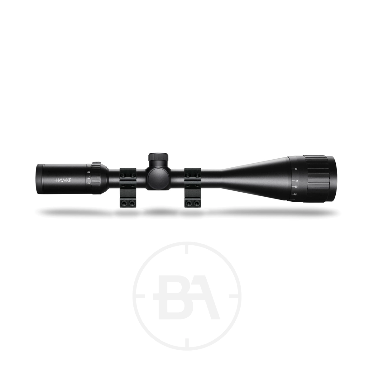 Hawke Fast Mount IR 3-12 x50 AO Mil Dot With Mounts 1 Side view of a Hawke Fast Mount IR 3-12x50 AO rifle scope with Mil Dot reticle, featuring adjustment knobs and mounting brackets, photographed on a plain white background.