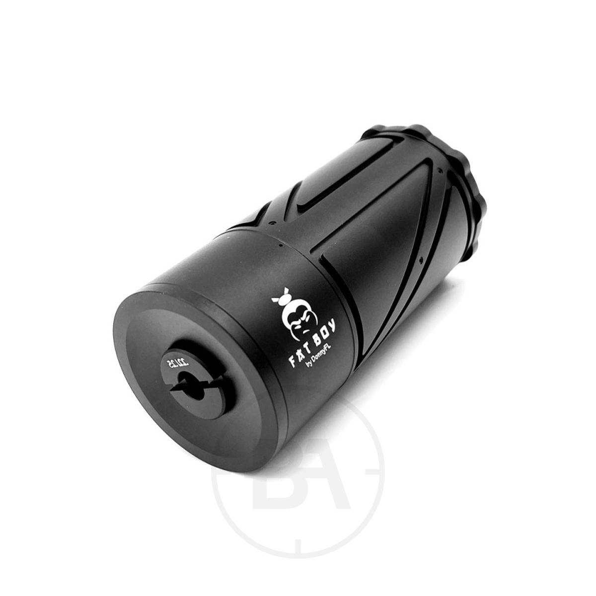 DonnyFL Fat Boy 2.0 1/2"x20 UNF Silencer 1 The DonnyFL Fat Boy 2.0 1/2"x20 UNF Silencer is a black metal cylinder with angular grooves, a hexagonal end, engraved "FATBOY" text, and a small cartoon icon, shown resting on a white background.