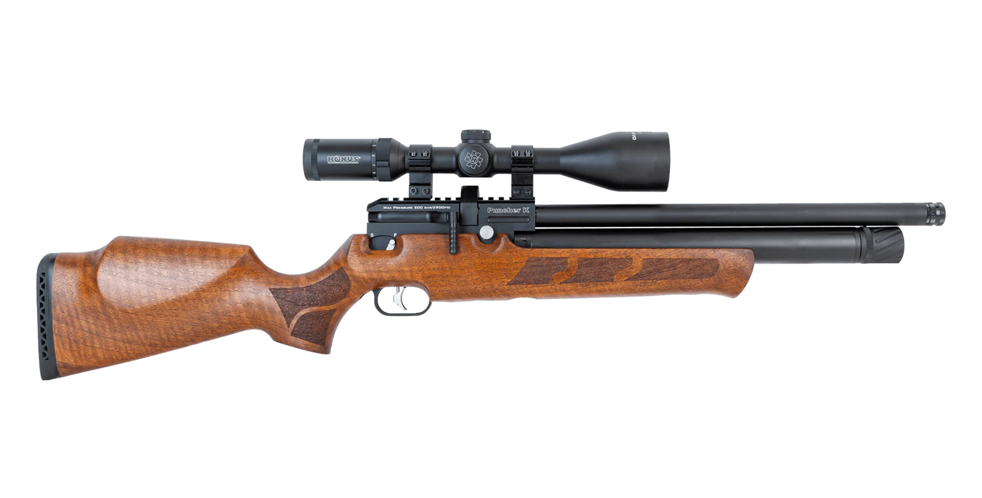 Kral Puncher K Review: A Crowd Favourite That Keeps Delivering 1 A crowd favourite, the Kral Puncher K is a brown wooden air rifle with a mounted scope, black metal barrel, and textured grip, shown in side profile on a white background.