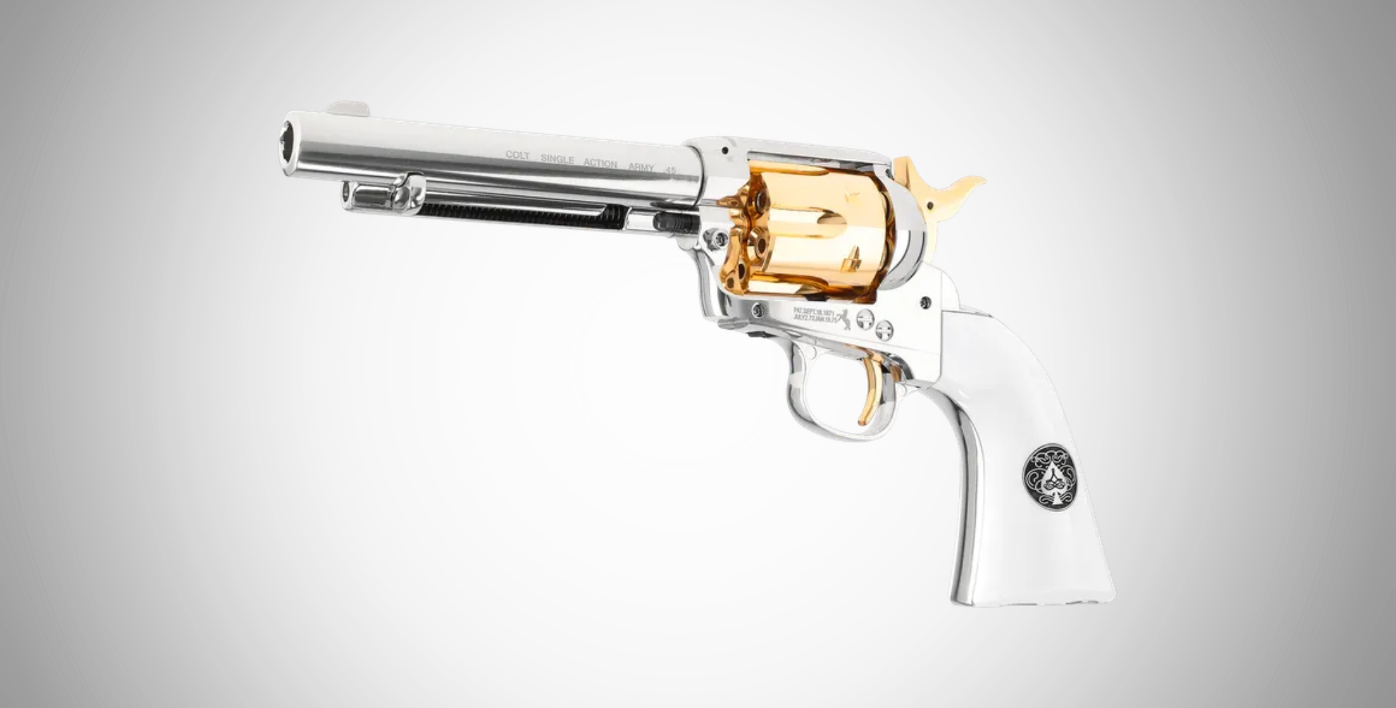 Colt Smoke Wagon Review 1 A silver and gold Colt Smoke Wagon revolver with a long barrel, white grip, and visible engraved details is displayed on a plain white background.