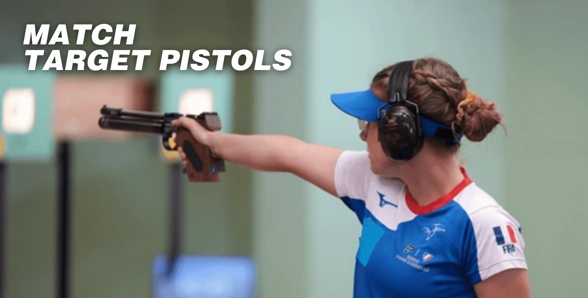 A person wearing headphones and a blue visor aims a target pistol indoors, with text "Match Shooting Target Pistols" on the image.