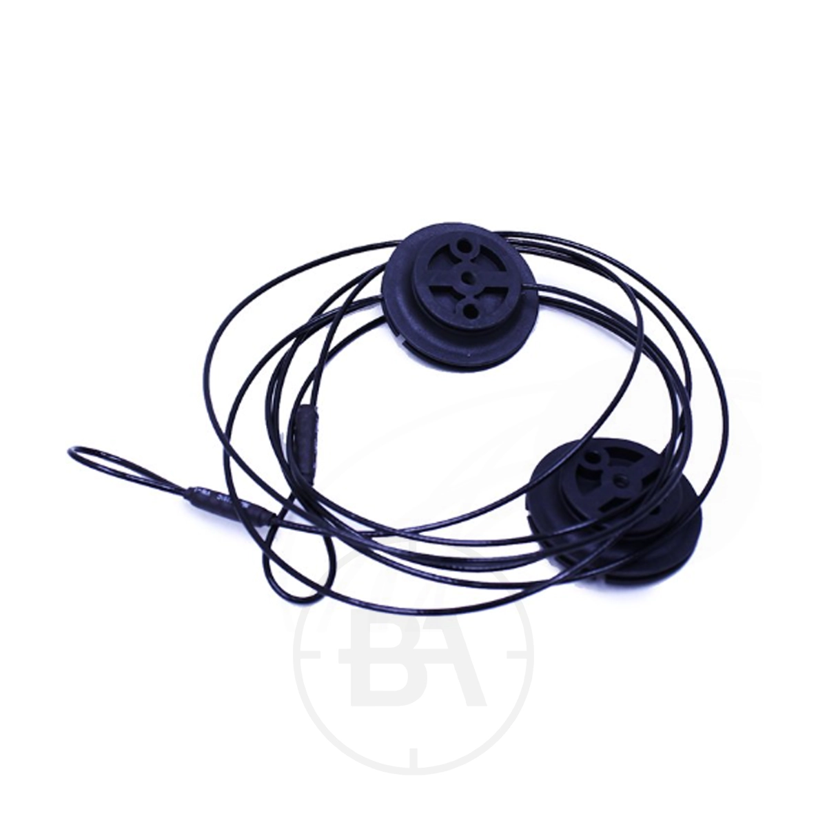 EK Archery Firestar Cam & Cable Set 1 A pair of black wired speakers with circular earpieces and a looped cord, arranged on a white surface, sits next to an EK Archery Firestar Compound Bow Bundle.