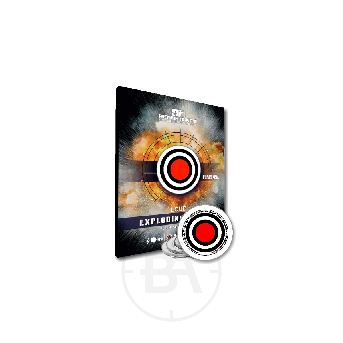 5 Premium Exploding flare Targets 1 A package featuring an explosion graphic and bold target designs displays the text “5 Premium Exploding flare Targets,” perfect for anyone seeking high-quality, exciting exploding targets for their activities.