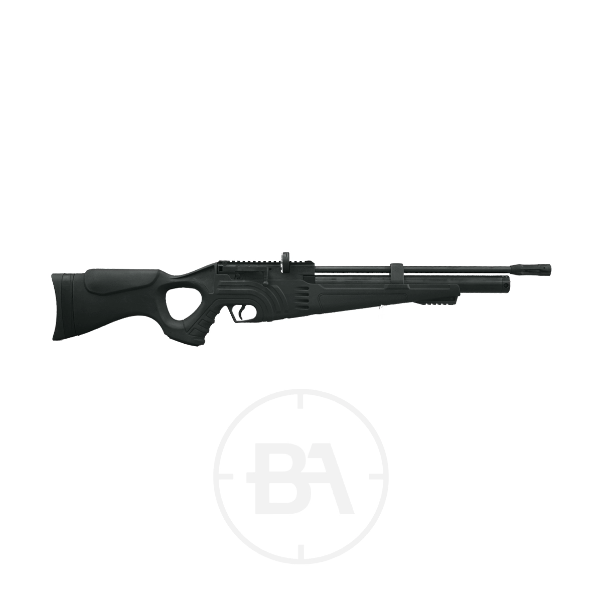 Hatsan Flash 101 PCP Air Rifle 1 The Hatsan Flash 101 PCP Air Rifle, featuring a black synthetic stock, thumbhole grip, and rail system, is displayed in side profile against a white background.