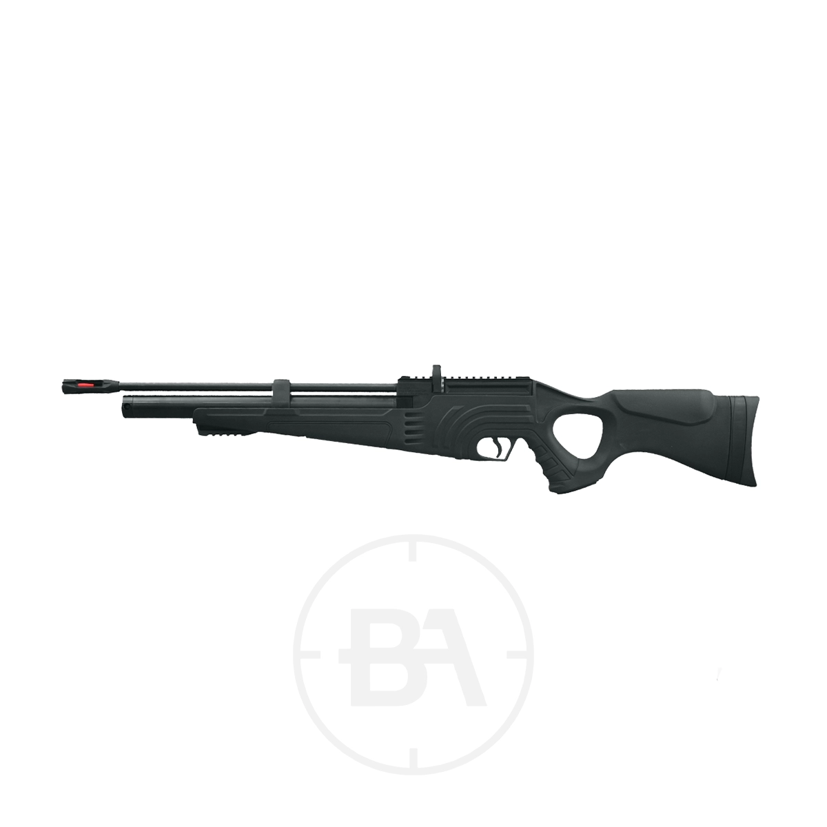Hatsan Flash 101 PCP Air Rifle 3 The Hatsan Flash 101 PCP Air Rifle, featuring a black synthetic stock, thumbhole grip, and fiber optic front sight, is displayed on a white background.