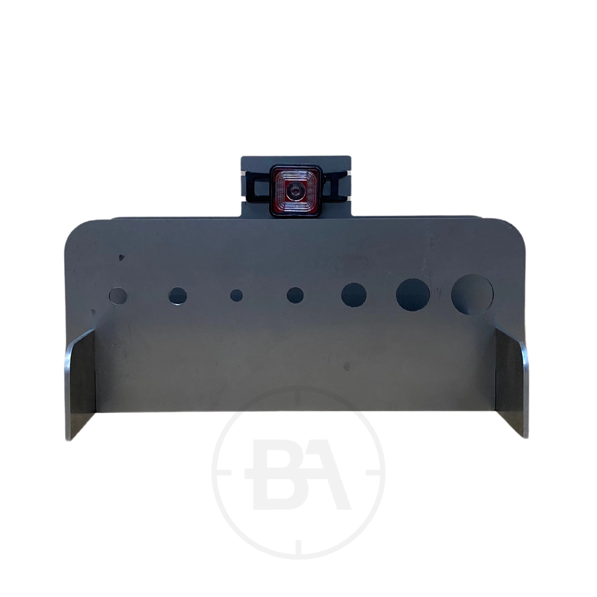 Biathlon Target With Hit Flash Indicator 1 The Biathlon Target With Hit Flash Indicator features a metal bracket with several circular cutouts, resembling a biathlon target, displayed against a plain white background.