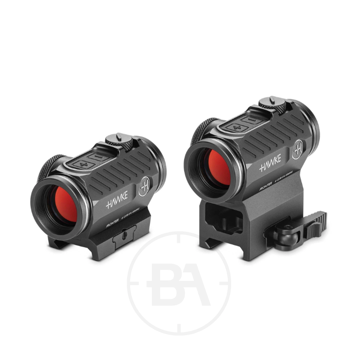Hawke Frontier 1x22 Micro T-2 Red Dot With Picatinny / Weaver Mounts 1 Two Hawke Frontier 1x22 Micro T-2 Red Dots are shown side by side on a white background; one has Picatinny/Weaver mounts attached, the other is without a base. Both have red-tinted lenses and ribbed exteriors.