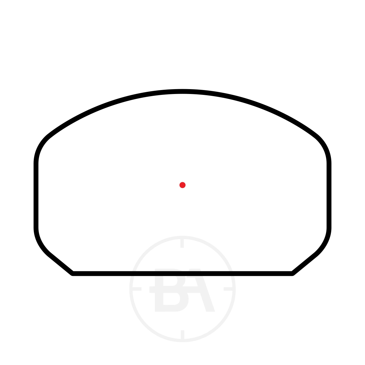 Hawke Frontier Red Dot Docter Reflex Sight With Picatinny / Weaver Mounts 3 A minimal black outline depicts the Hawke Frontier Red Dot RMSc Reflex Sight With Picatinny/Weaver Mounts—a curved, rectangular optic with a red dot in the centre, faint “BA” letters in a circle below, set on a white background.