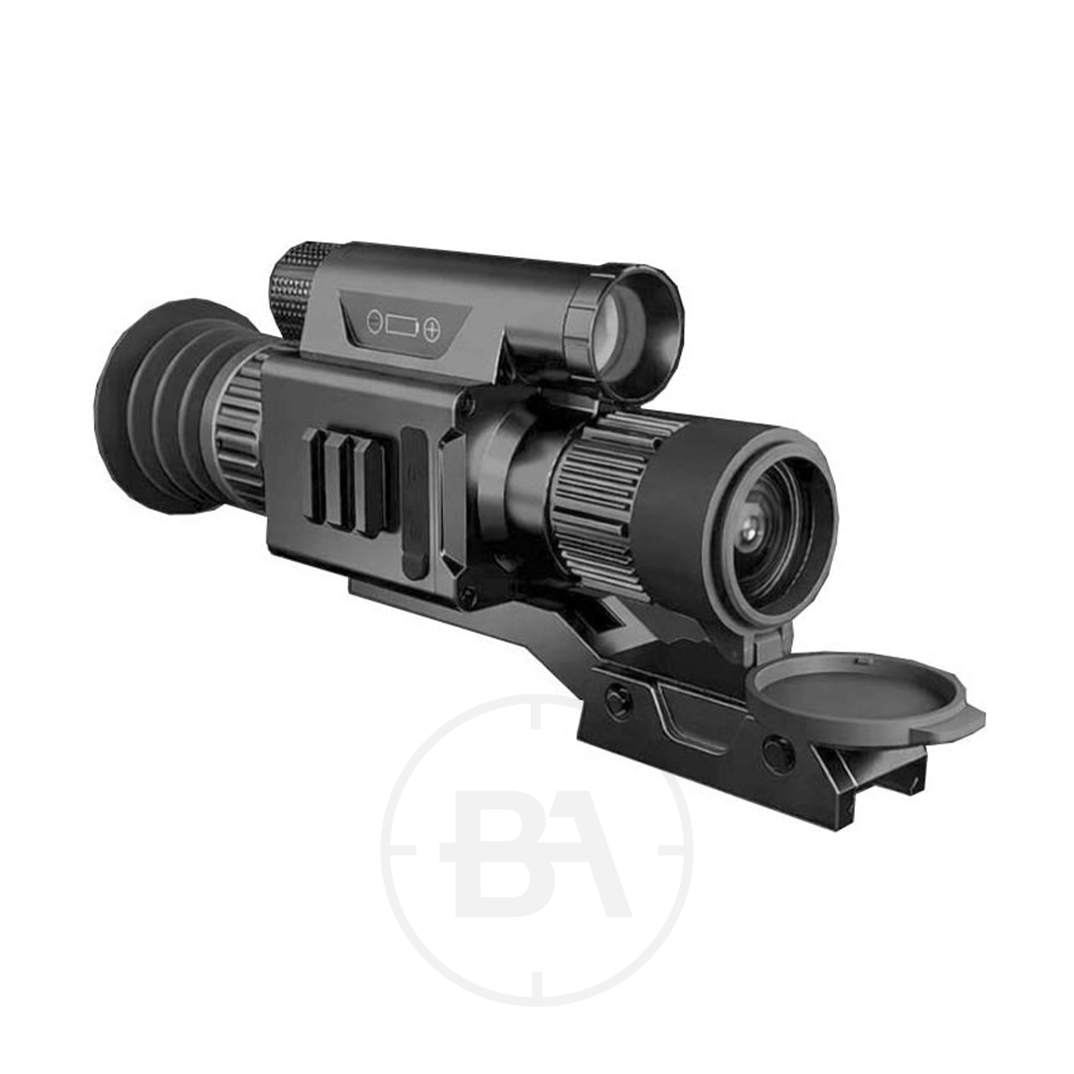 Fuego DS-X7 Day & Night Vision Rifle Scope 1 The Fuego DS-X7 Day & Night Vision Rifle Scope features a compact, tactical design with night vision, a rubber eyepiece, adjustment dials, mounting rails, and a flip-open lens cover—all shown against a white background.