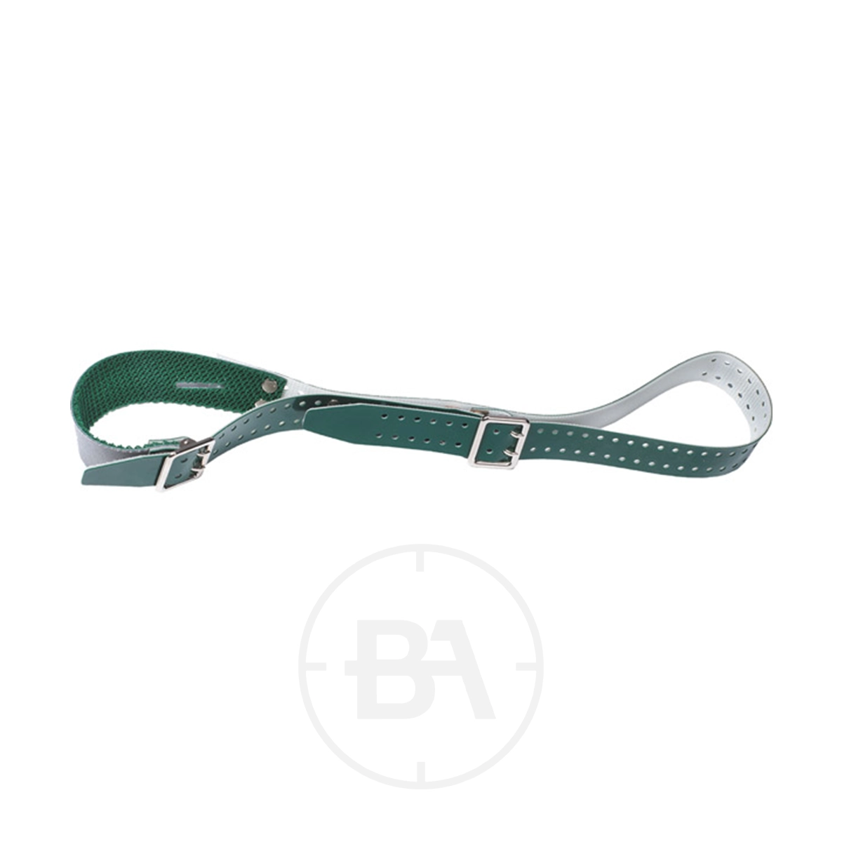 Gehmann Micro-Adjustable Artificial Sling 5 A green and white adjustable Gehmann artificial sling belt with metal buckles and multiple holes, laid out on a white background—ideal for the right hand shooter.