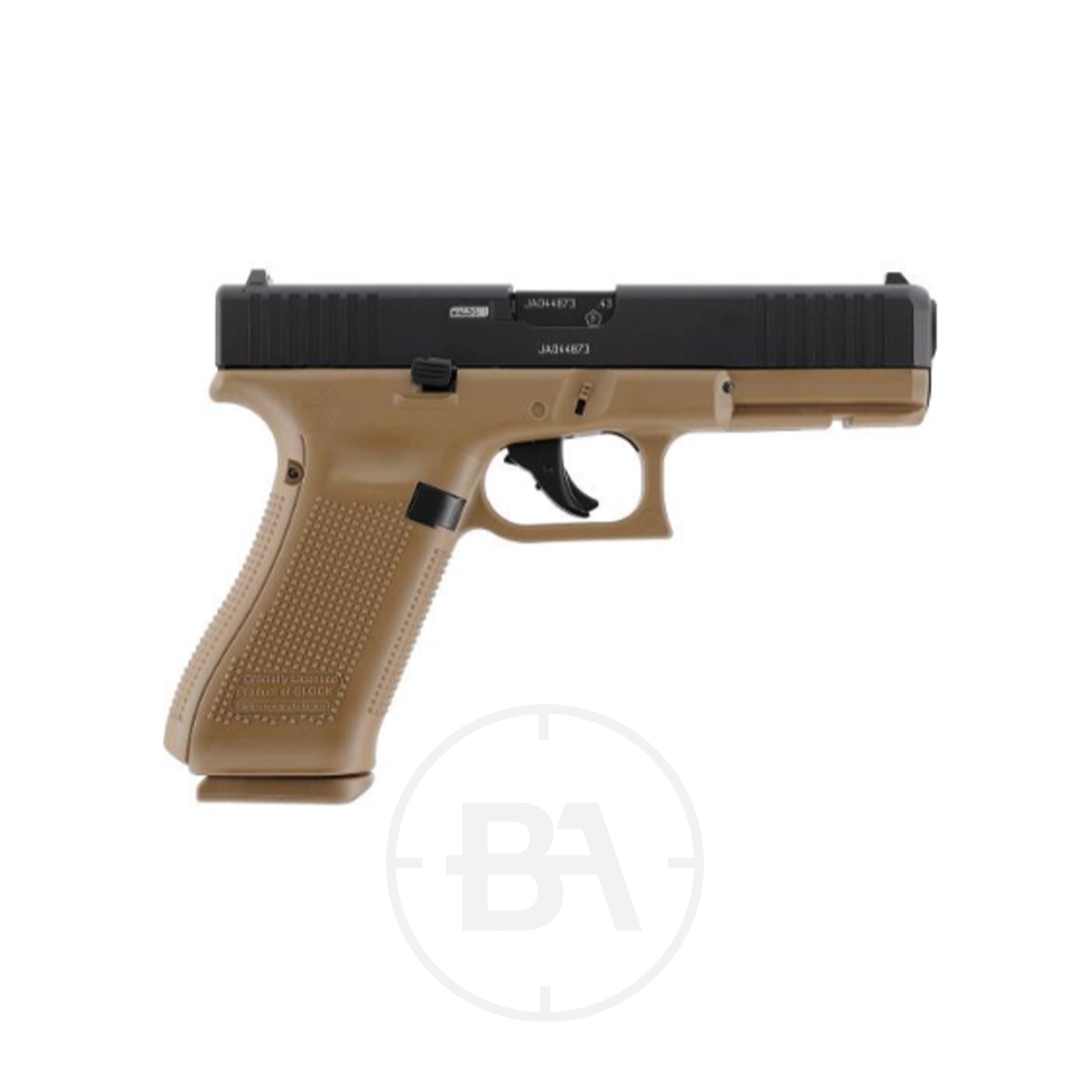 Glock 17 Gen 5 CO2 Paintball Pistol With Hard Case 5 A tan and black CO2 Paintball Pistol, styled after the Glock 17 Gen 5, is shown in a side profile view on a plain white background.