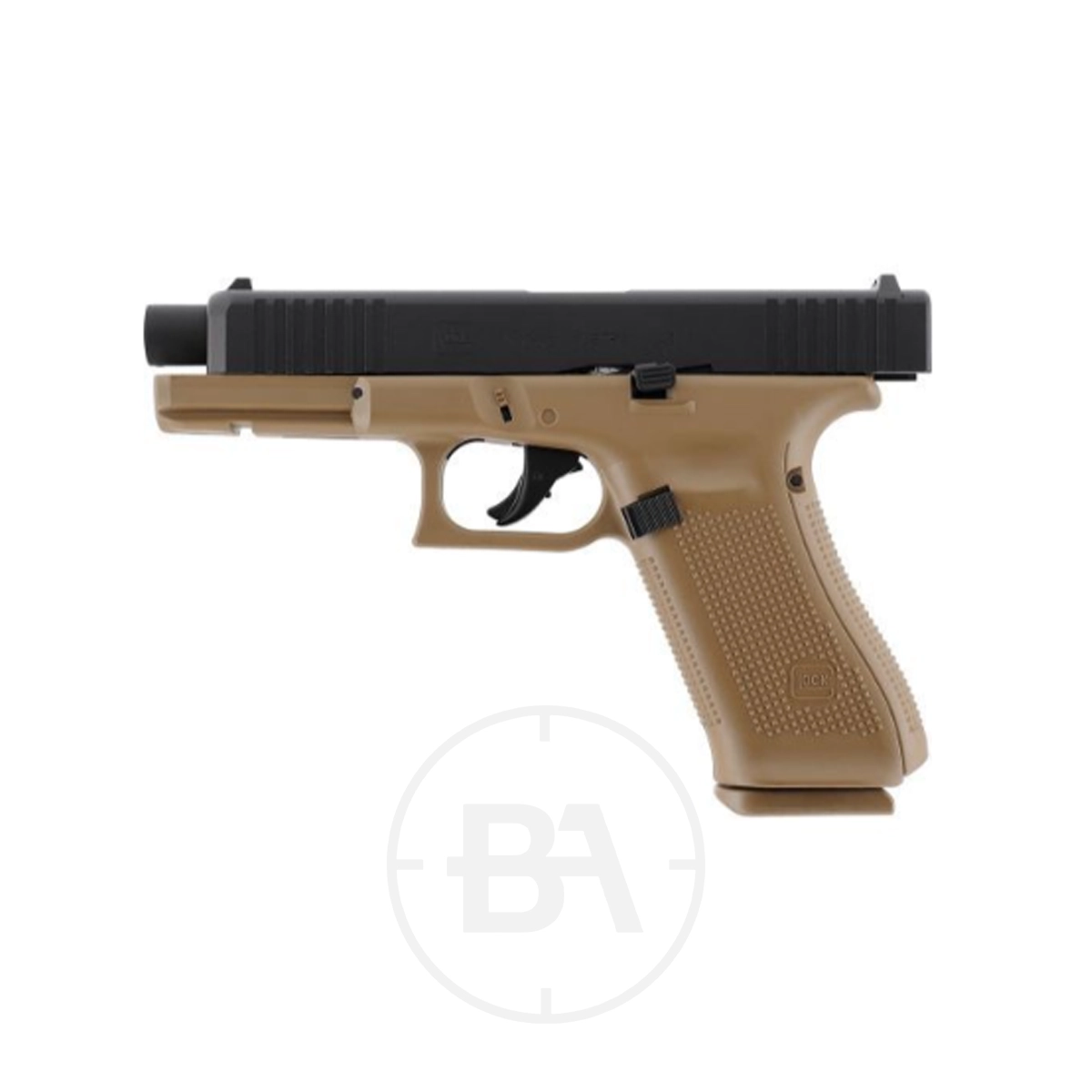 Glock 17 Gen 5 CO2 Paintball Pistol With Hard Case 6 A tan and black Glock 17 Gen 5 semi-automatic pistol is shown in side profile on a white background, with the barrel pointing to the left and the grip facing to the right.
