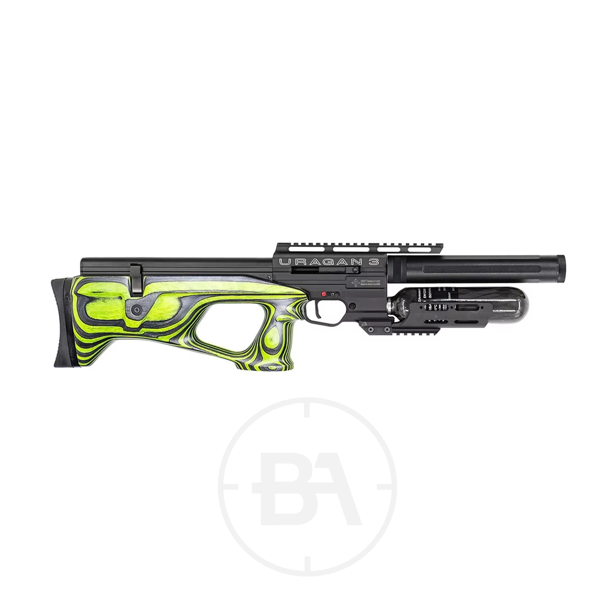 Airgun Technology (AGT) Uragan 3 Bullpup PCP Air Rifle 3 A black and green PCP air rifle with a bullpup design and laminated stock, labeled "Uragan 3," displayed on a white background.